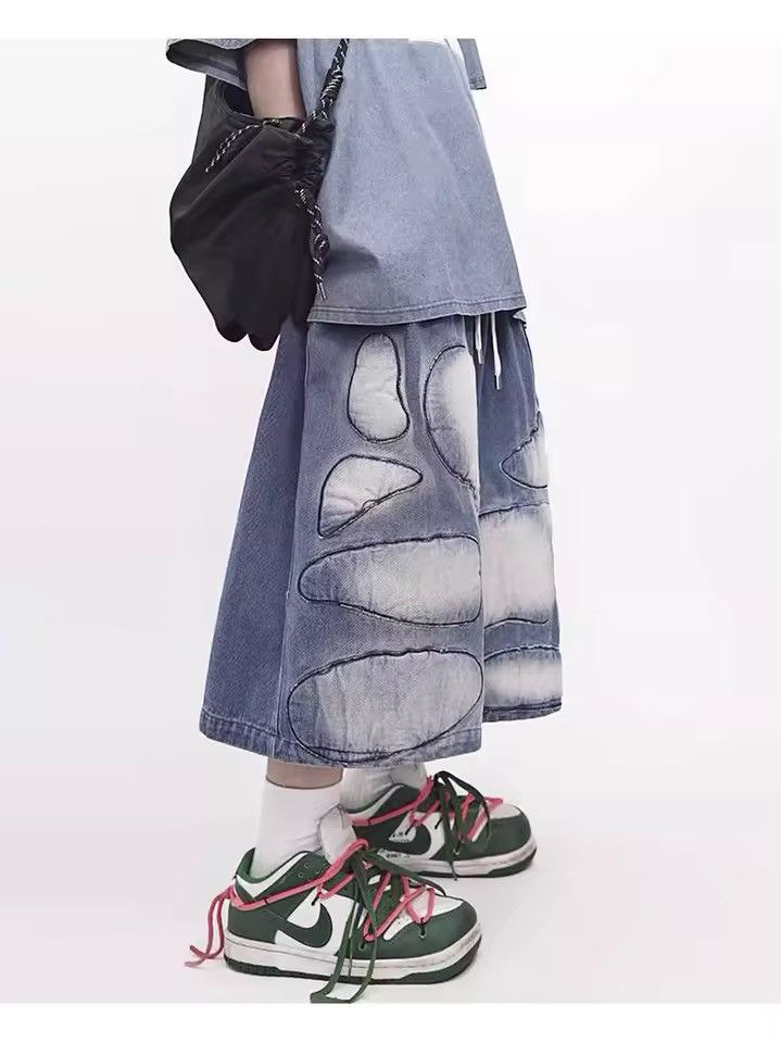 Other Distressed Patchwork Wide Leg Denim Hip Hop Shorts Size US 30 / EU 46 - 4 Thumbnail