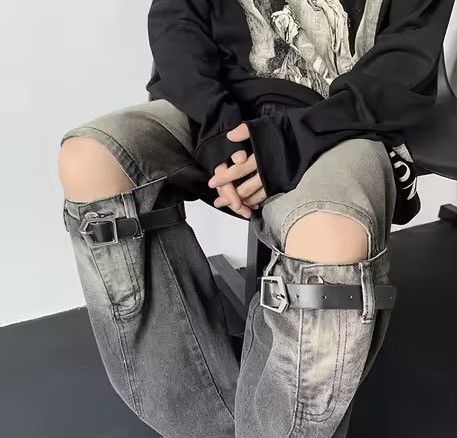 Jean Washed Black Baggy Wide Leg Knee Strap Jeans Size US 31 - 4 Thumbnail