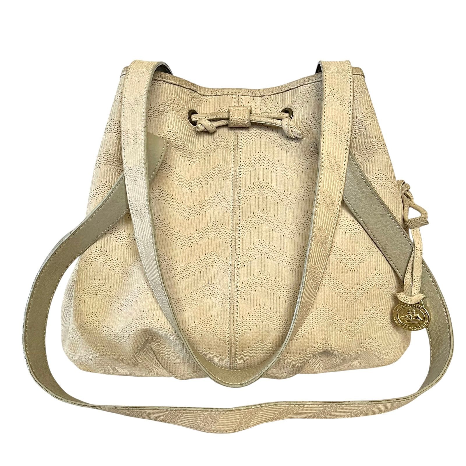 BRAHMIN × Vintage Brahmin Vintage Chevron Embossed Cream Leather Bucket Bag Size ONE SIZE - 12 Thumbnail