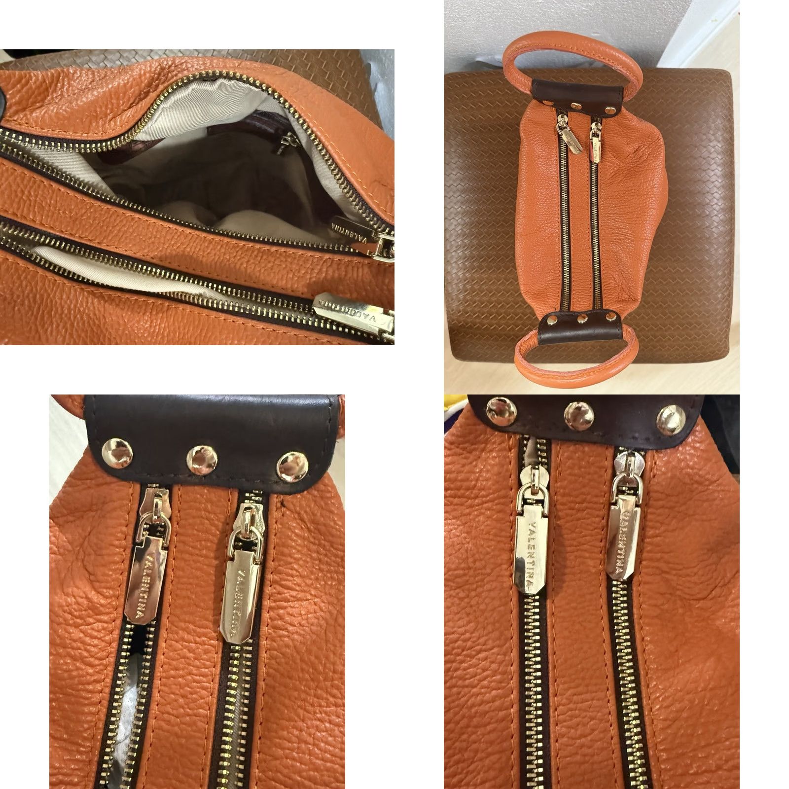 Vintage Valentina Leather Handbag Satchel Purse Italy Women Double Handles Zip 4 Zip Orange Brown Size ONE SIZE - 8 Thumbnail