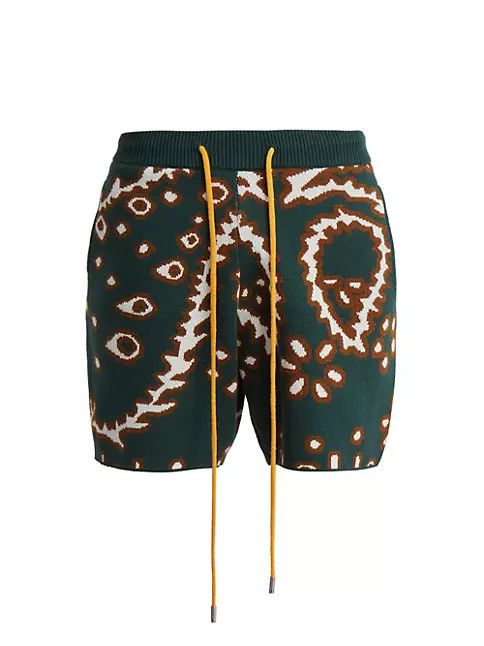 image of Rhude Os11X0124 Bandana Cotton-Blend Intarsia Shorts White & Green in White/Green, Men's (Size 30)