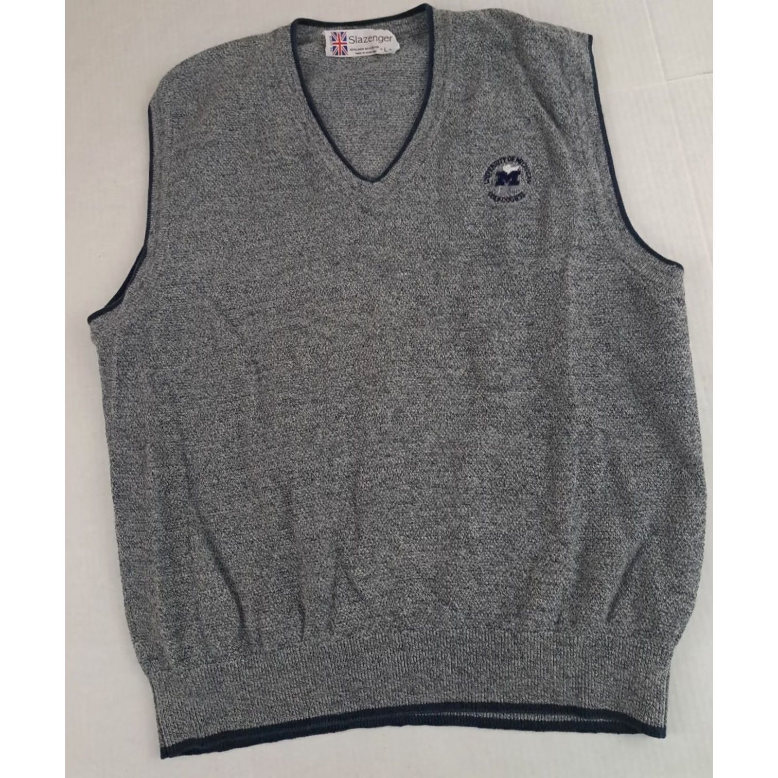 Vintage VINTAGE Slazenger University Vest Embroidered Golf - Large Unisex Adults, Grey-Blue Trim, V-Neck, Sleeveless, Cotton Knit, Collarless, Regular Fit Size US L / EU 52-54 / 3 - 2 Thumbnail