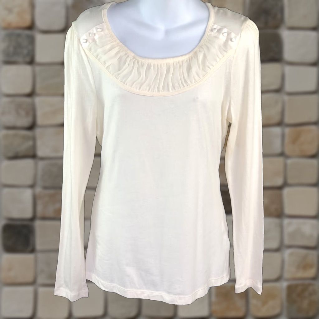 Vintage NWT Elle top blouse L ivory ruched scoop neck long sleeves Jersey Modal Size L / US 10 / IT 46 - 1 Thumbnail