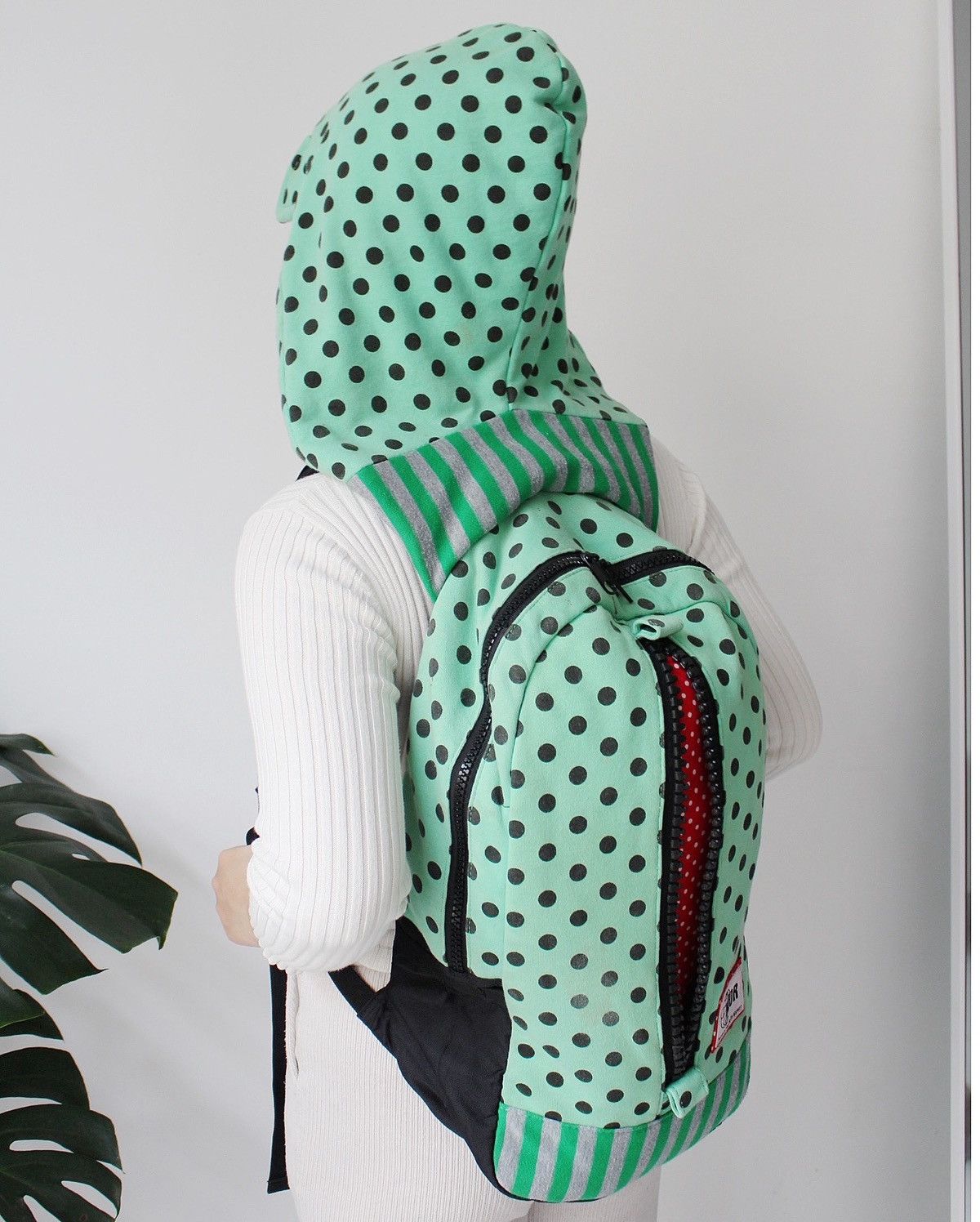 Japanese Brand 2000S HOODED BACKPACK BY WOR – GREEN POLKA DOTS Size ONE SIZE - 5 Thumbnail