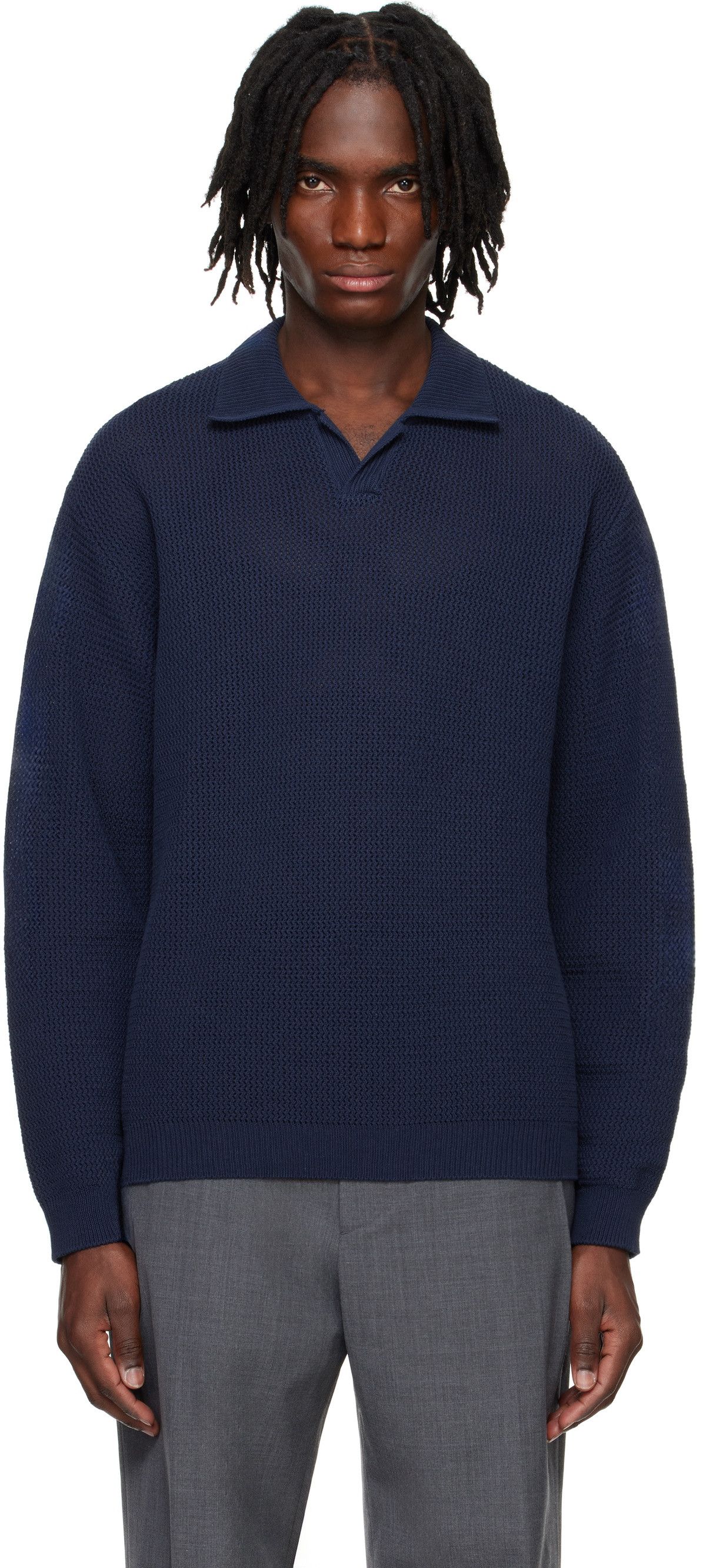 Solid Homme Solid Homme Navy Open-Knit Polo (SZ 50) Size US L / EU 52-54 / 3 - 3 Thumbnail
