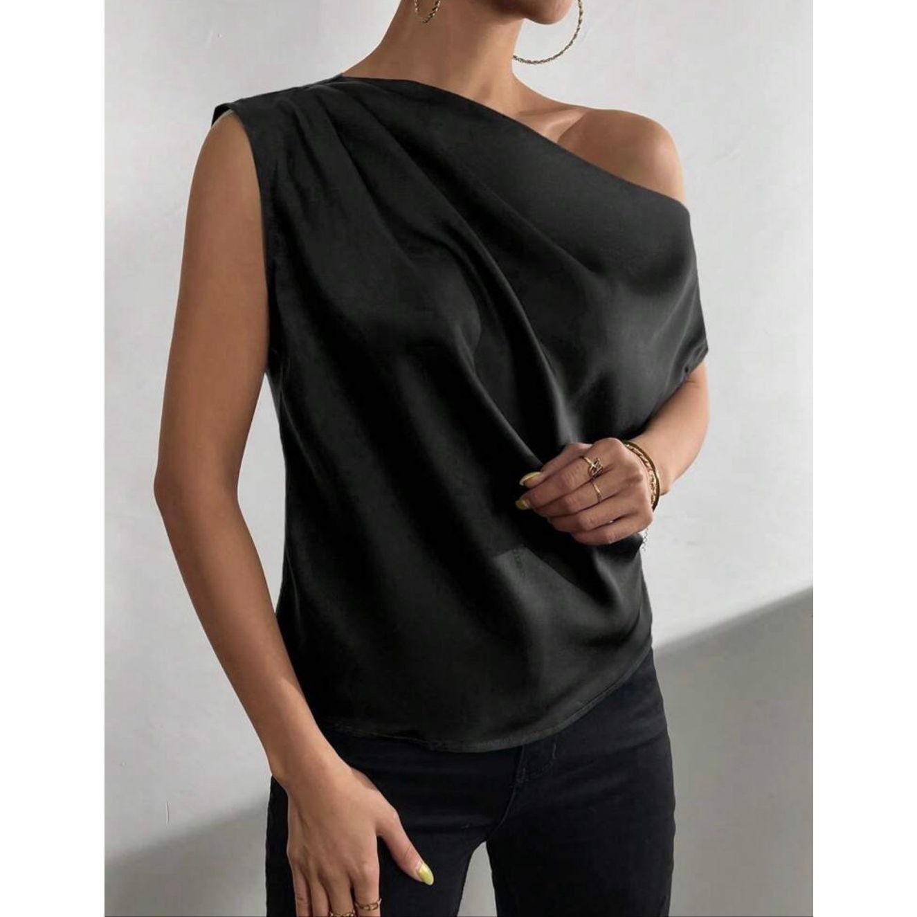 Shein SHEIN satin Solid Asymmetrical Neck Batwing Sleeve Satin Blo Size L / US 10 / IT 46 - 4 Thumbnail
