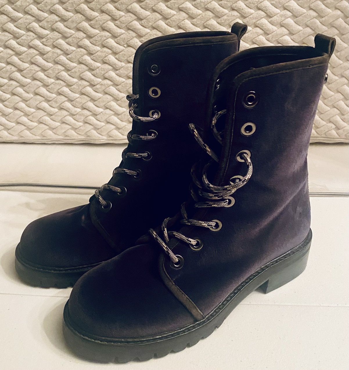 Stuart Weitzman Metermaid Deep Purple Velvet Combat Boot 5.5