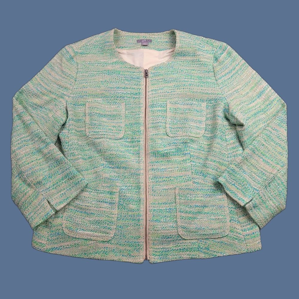 J. Jill J Jill Jacket Womens Small Green Blue Zip Front Tweed Linen Blend Pockets Modern Jacket Size S / US 4 / IT 40 - 1 Thumbnail