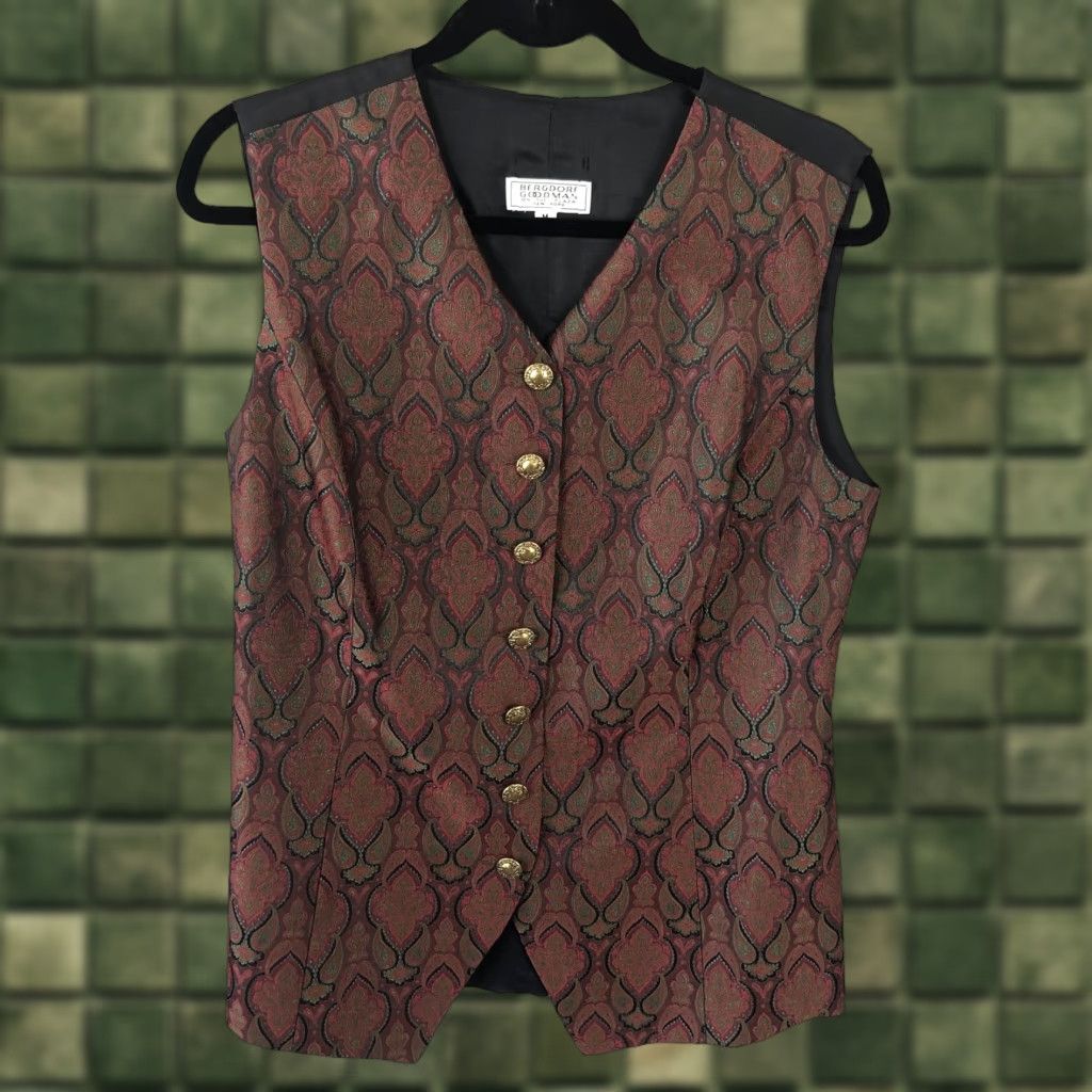 Bergdorf Goodman VINTAGE Bergdorf Goodman Vest Womens M Red Paisley Brocade Button Up USA 90s Festive Formal Womens Vest Size M / US 6-8 / IT 42-44 - 1 Thumbnail
