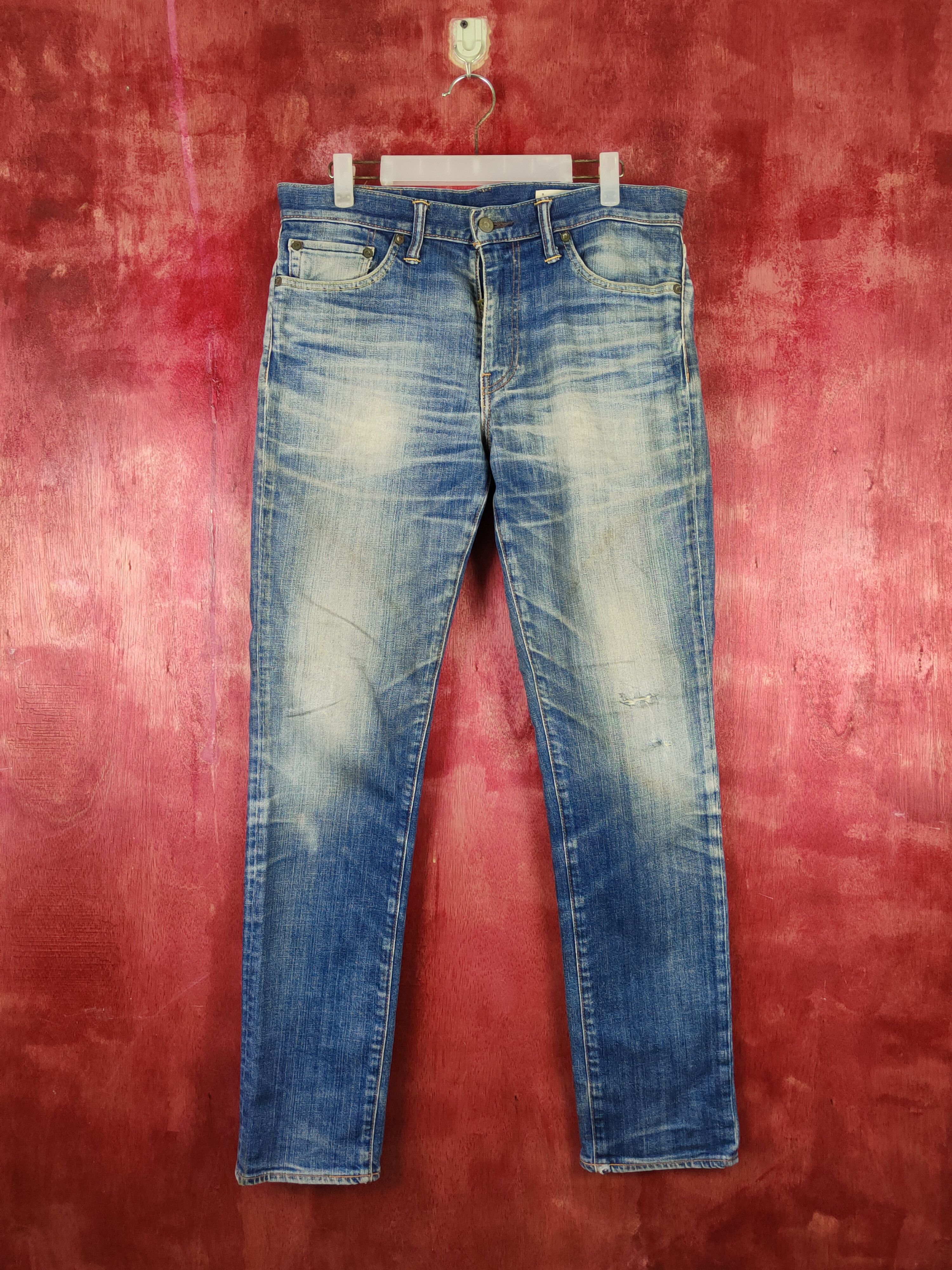 Japanese Brand Levi's Blue Faded Distressed Ripped Skinny Jeans #S1832 Size US 33 - 1 Thumbnail