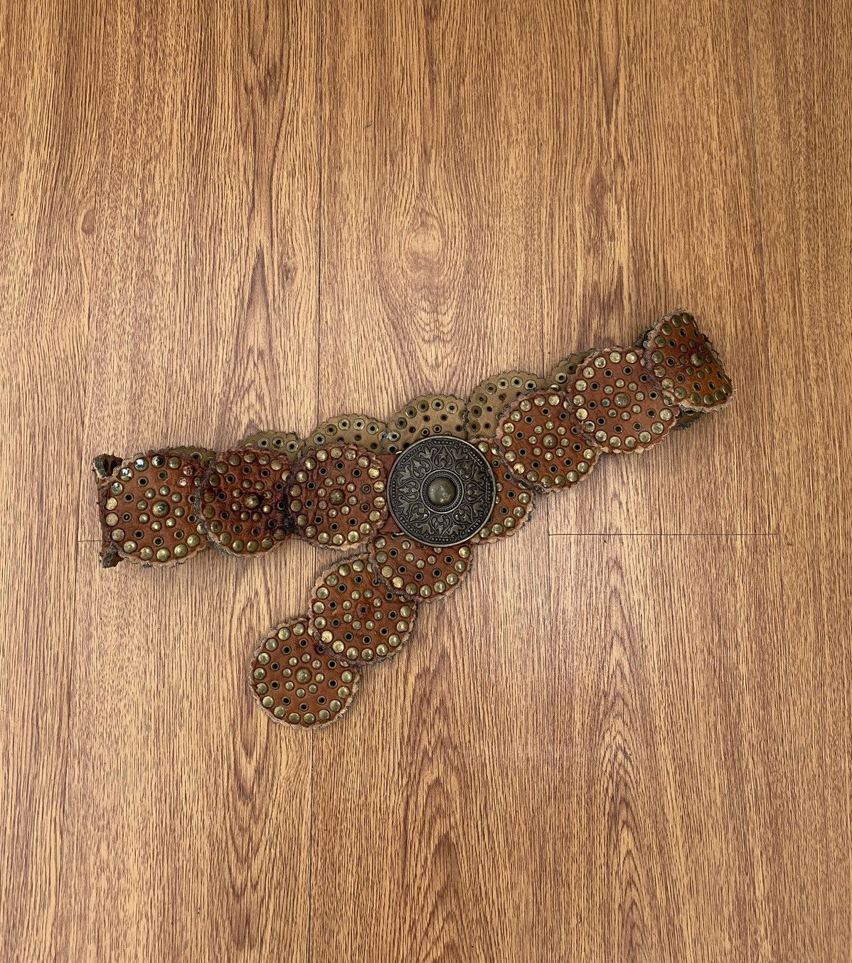 image of Avant Garde x If Six Was Nine Vintage Disc Brown Studded Metal Buckle Belt, Men's