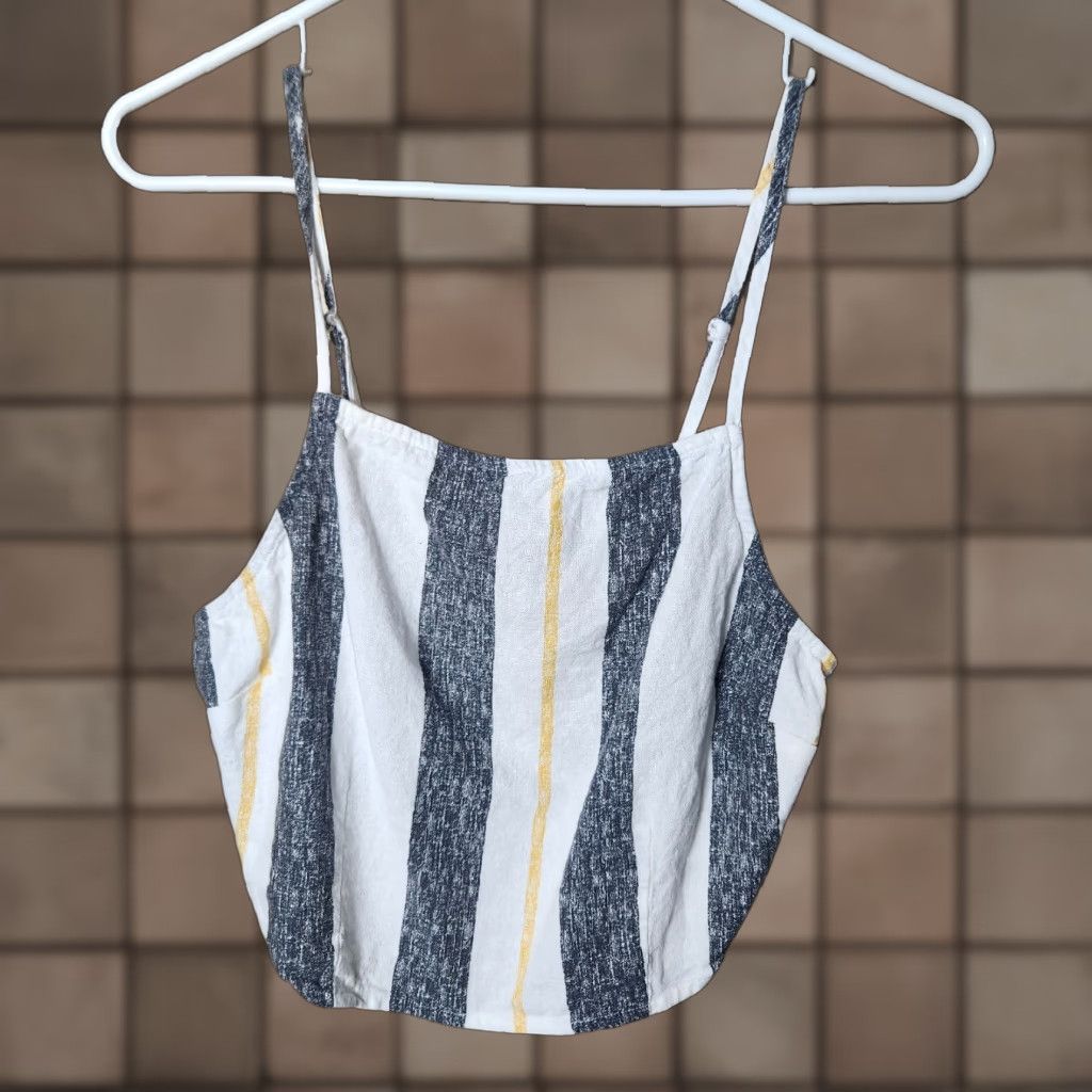 Vintage Gypsies & Moondust Tank - Cropped Striped Linen Blend - Size L - White Black Yellow - Spaghetti Straps - Square Neck - Casual - Womens Size L / US 10 / IT 46 - 1 Thumbnail