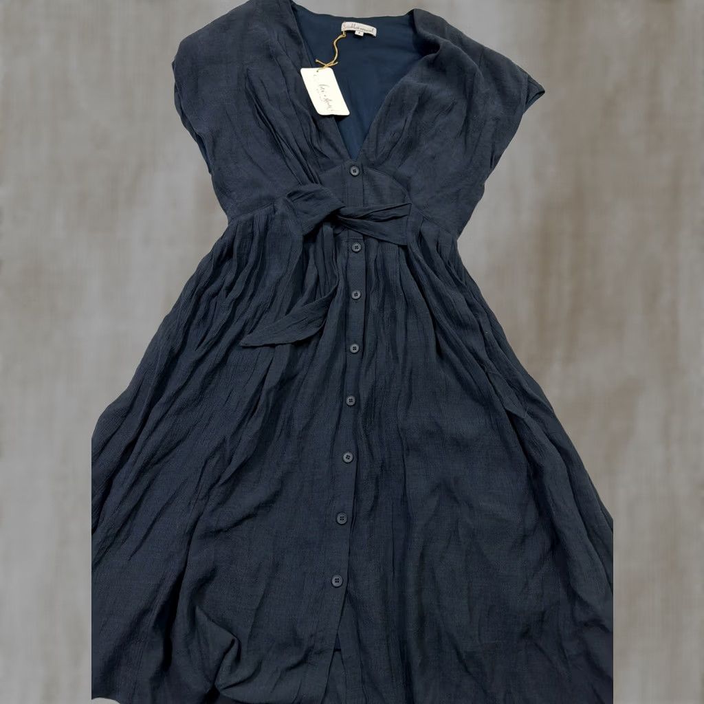 Vintage Wishlist Dress Navy Blue Women’s Short Sleeve Tie Front Polyester Knee Length Fit & Flare S Size 28" / US 6 / IT 42 - 1 Thumbnail