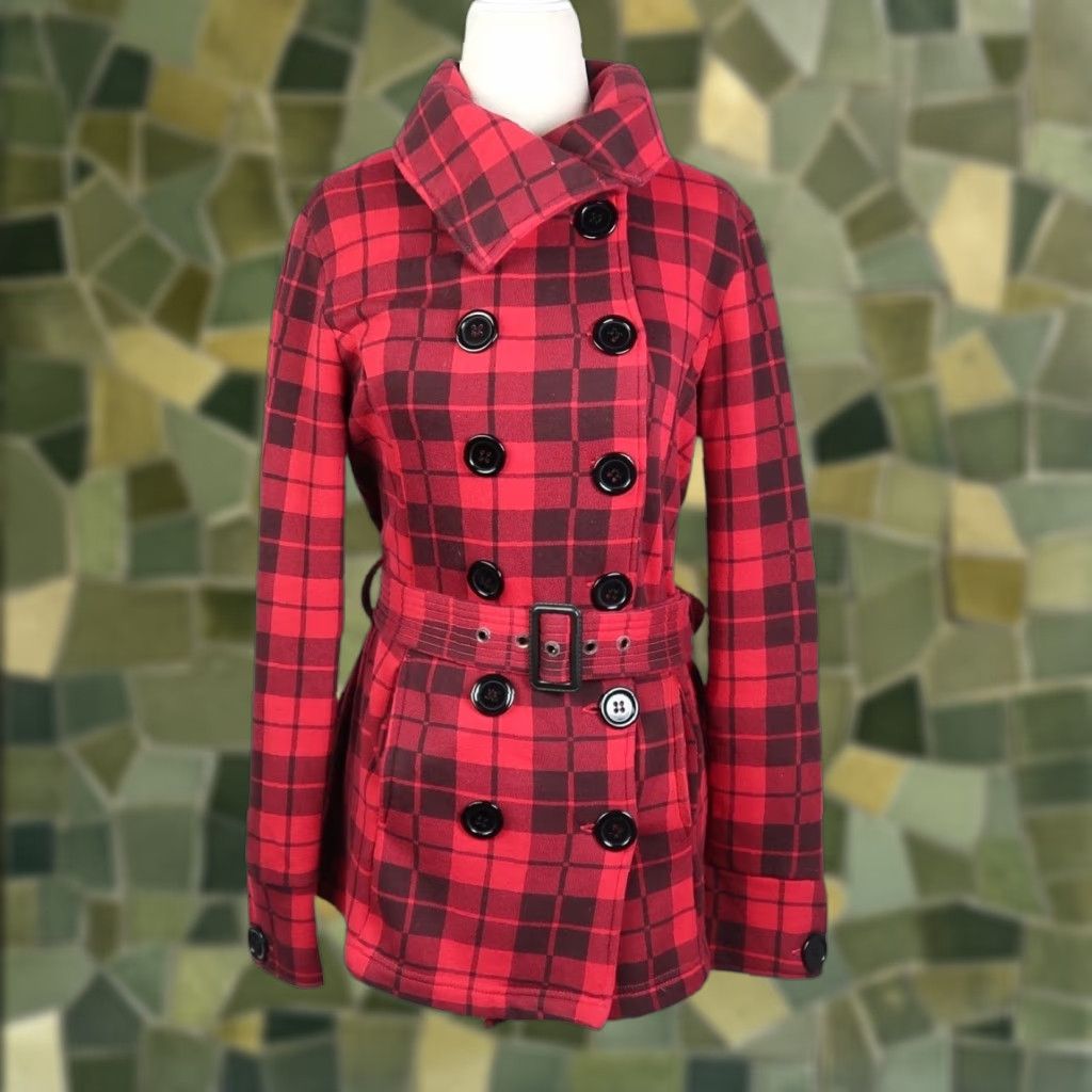 Zimmerli VINTAGE Glimmer by J.J. Basics Red and Black Plaid Double-Breasted Jacket M Ladies Casual Cotton 27" 18" Pit to Pit L Size M / US 6-8 / IT 42-44 - 1 Thumbnail