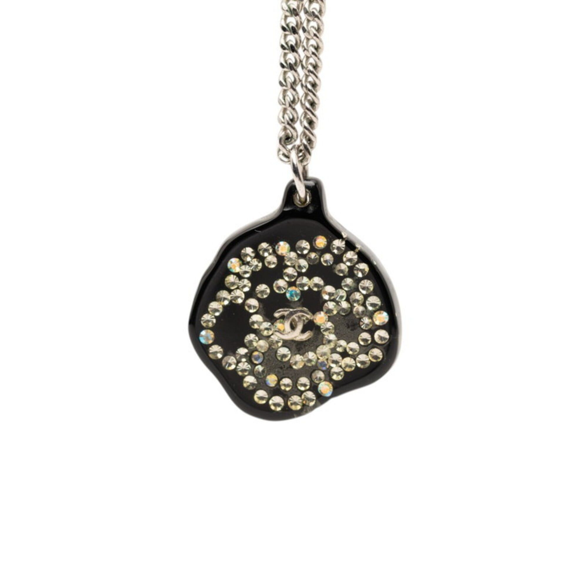 Chanel Chanel Coco Mark Rhinestone Camellia Necklace, Black, Silver, Plastic, Metal, Women's. Size ONE SIZE - 1 Thumbnail