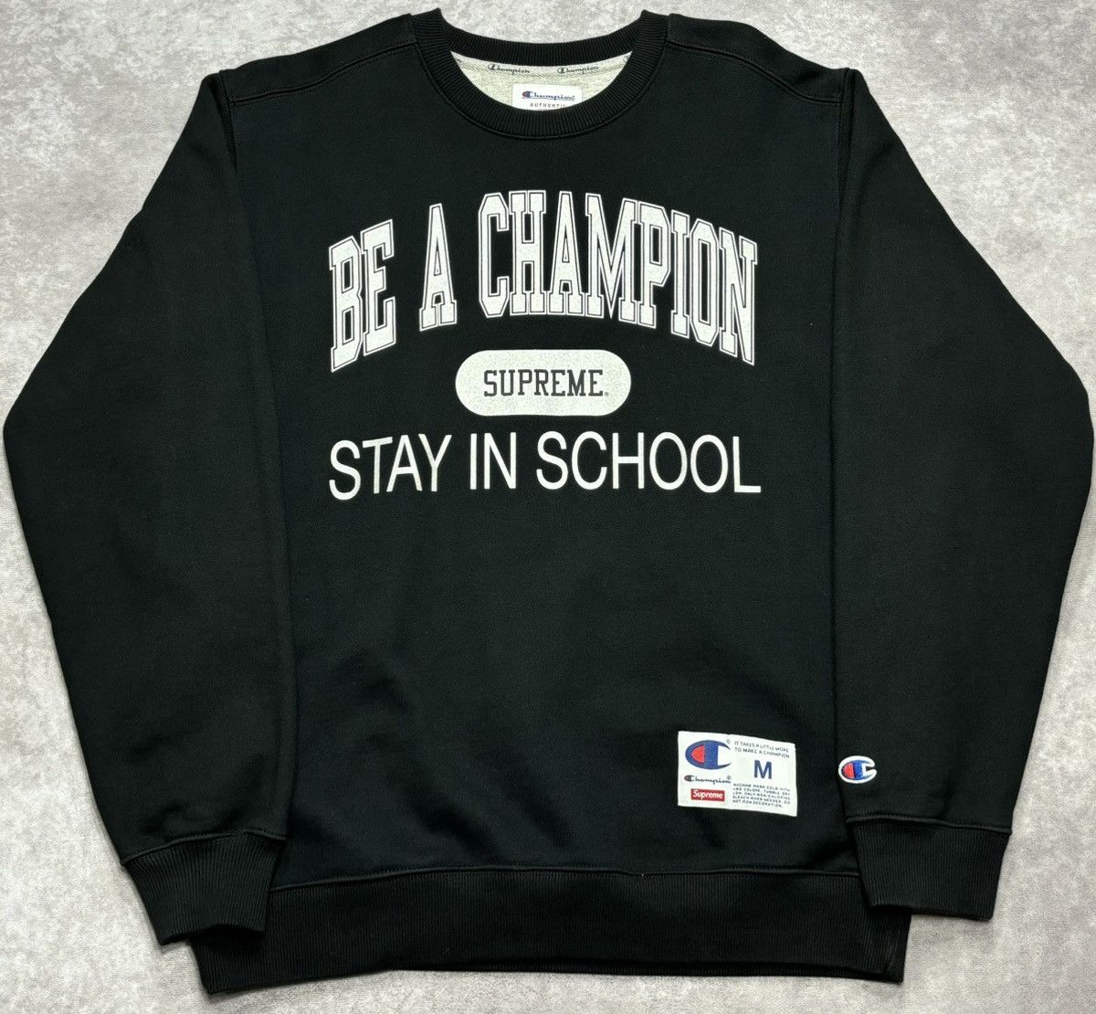 Champion × Supreme Supreme x Champion Stay In School Crewneck Black (SS18) Size US M / EU 48-50 / 2 - 1 Thumbnail