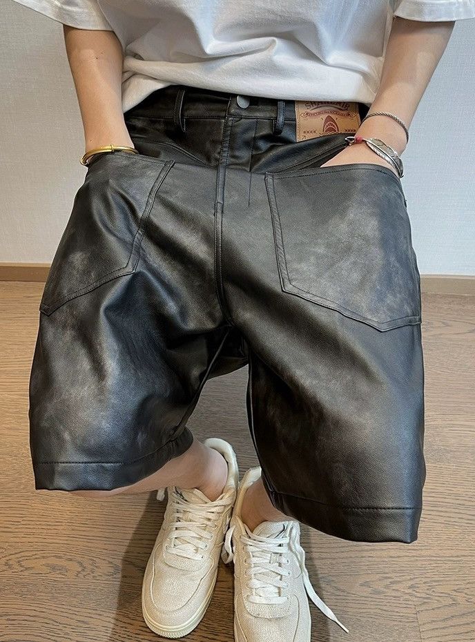 image of Vintage Avant Garde Reverse Front Fade Pu Leather Loose Baggy Shorts in Black, Men's (Size 30)