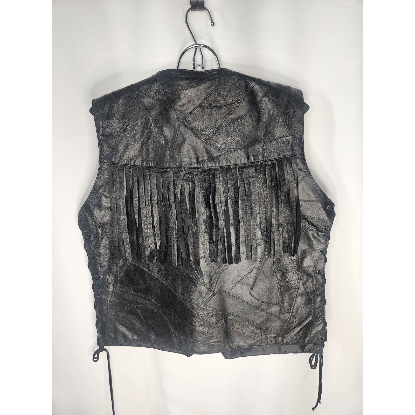 Leather Black Motorcycle Biker Vest Mens XL NWT Fringe