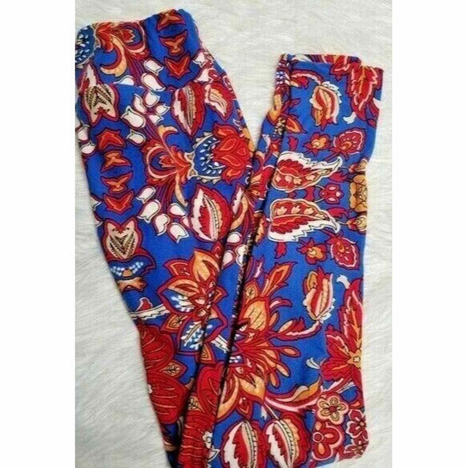 Other Lularoe Leggings Blue Floral Leaves OS One Size LR Size 30" / US 8 / IT 44 - 5 Thumbnail