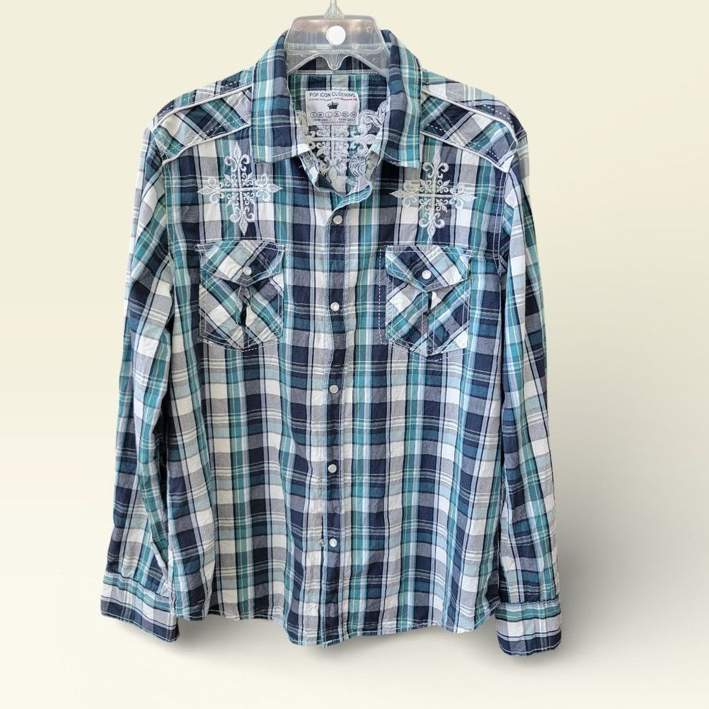 BKE Buckle Pop Icon Sz Large Mens Plaid Pearl Snap Embroidered Size US L / EU 52-54 / 3 - 1 Thumbnail