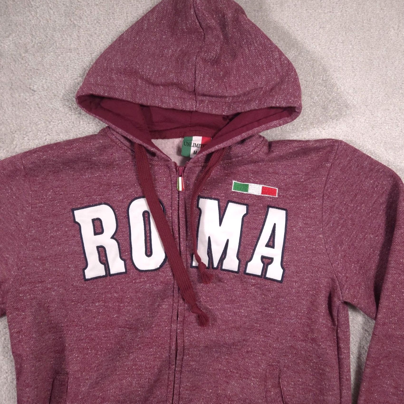 Vintage Unlimited Hoodie Womens M Red Zip Fleece Sweatshirt ROMA Italy Flag Logo Size M / US 6-8 / IT 42-44 - 3 Thumbnail