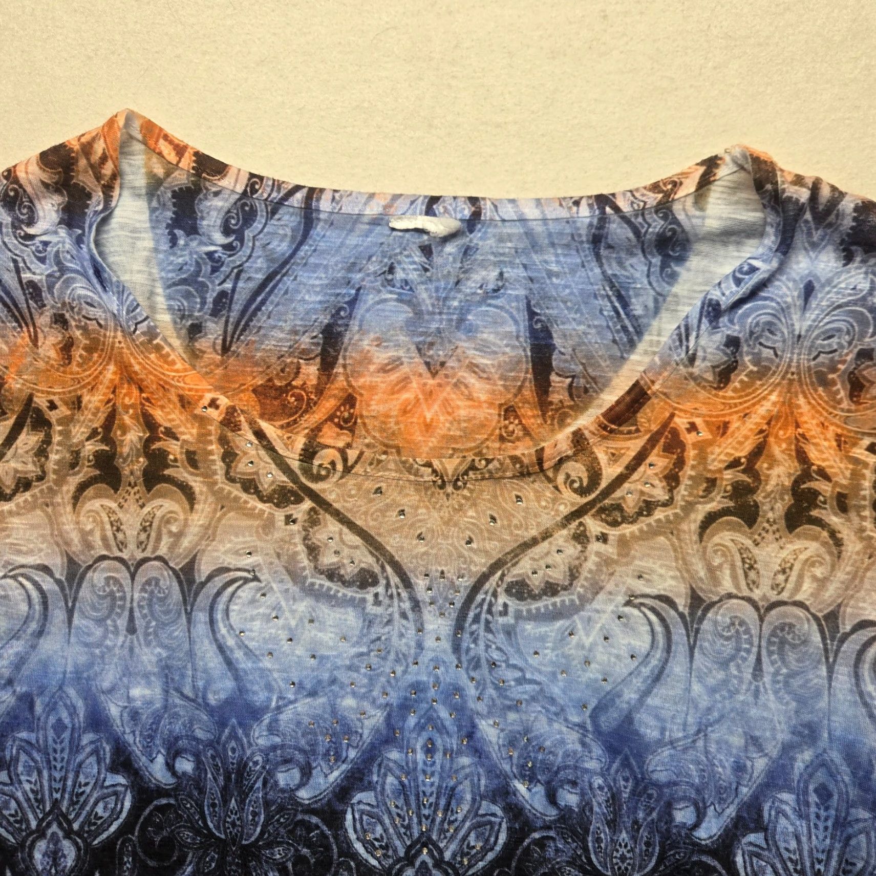Vintage Orange Blue Pasily Short Sleeve Rhinestone Shirt Top Blouse Adult Women's XL Size XL / US 12-14 / IT 48-50 - 2 Thumbnail