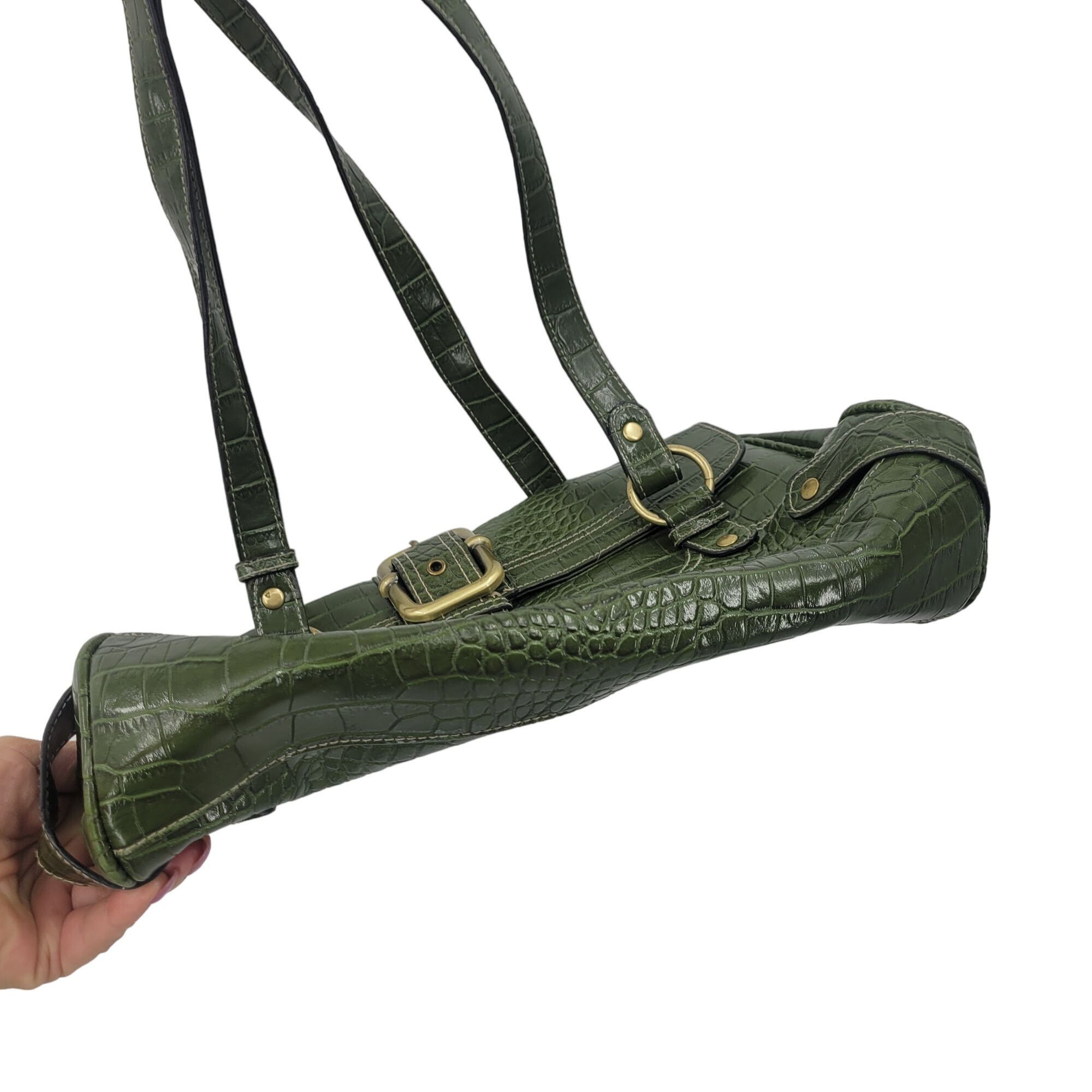Vintage Vintage Green Vegan Faux Croc Shoulder Bag Satchel Gold Buck Size ONE SIZE - 7 Thumbnail