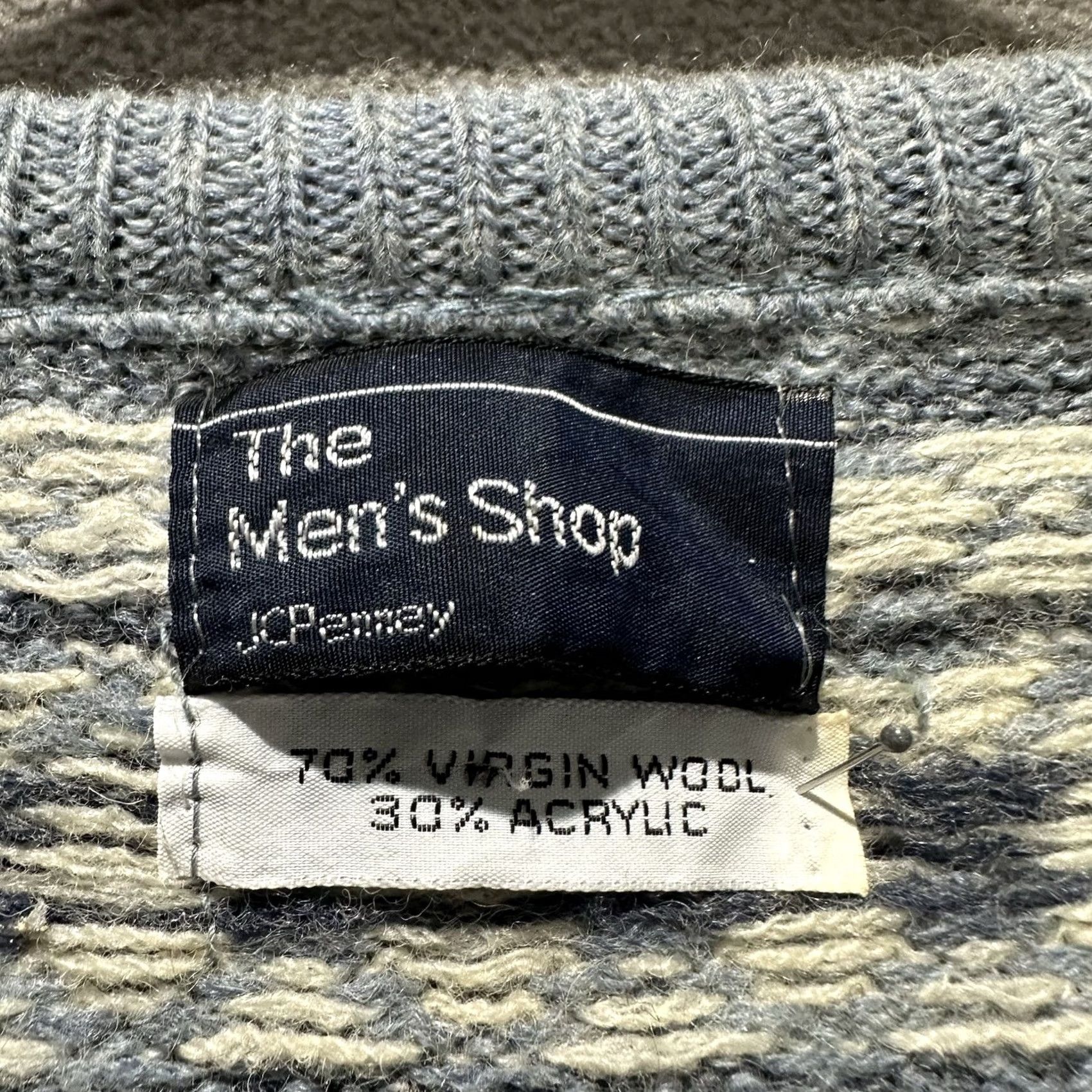 JCPenney VINTAGE JCPenney Sweater Mens XS Blue Geometric Knit Virgin Wool V-Neck 80s Pullover, Wool, Acrylic, Geometric, Blue, Vintage, 80s, Mens, XS Size US XS / EU 42 / 0 - 4 Thumbnail