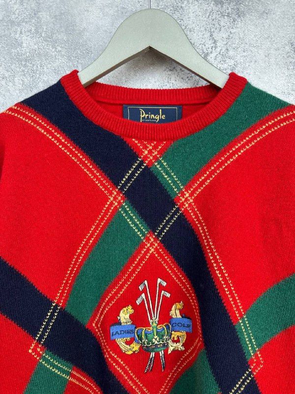 Pringle Of Scotland Pringle of Scotland Argyle Golf Crest Red Wool Knit Sweater Size US XL / EU 56 / 4 - 4 Thumbnail