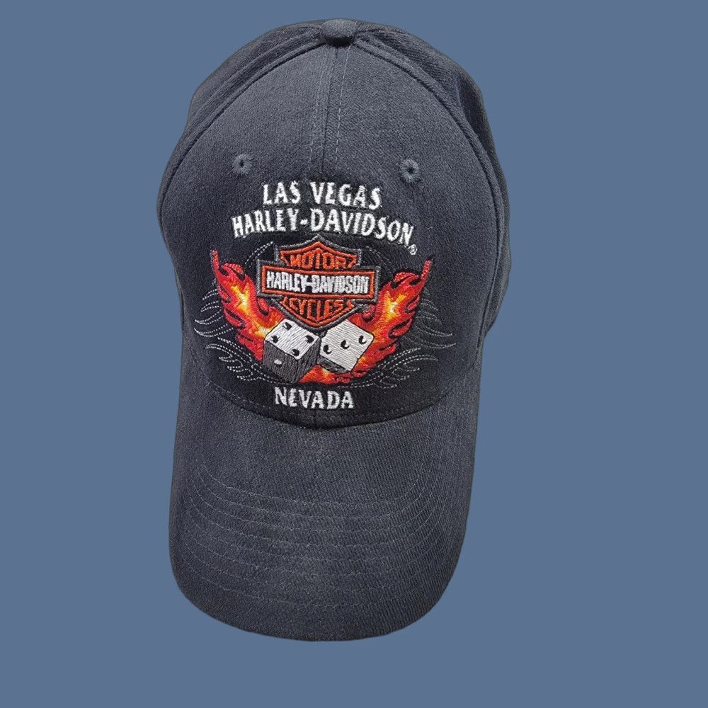 Harley Davidson Harley-Davidson Hat Cap Fitted Mens L/XL Black Las Vegas Dice Flames Embroidered Cap Size ONE SIZE - 1 Thumbnail