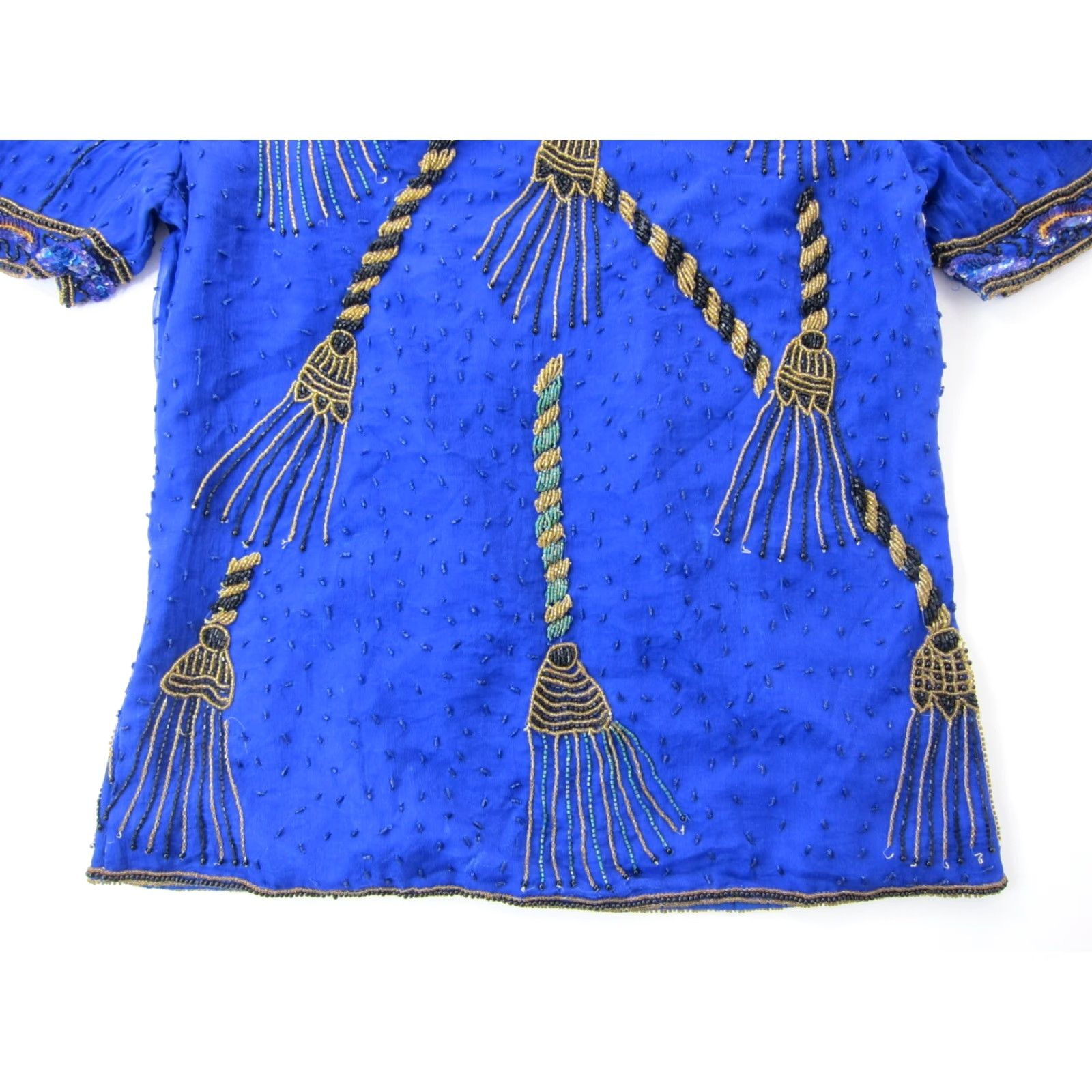 Vintage NWT Laurence Kazar 100% Silk Blue Gold Beaded Sequin Short Sleeve Blouse PS Size S / US 4 / IT 40 - 8 Thumbnail