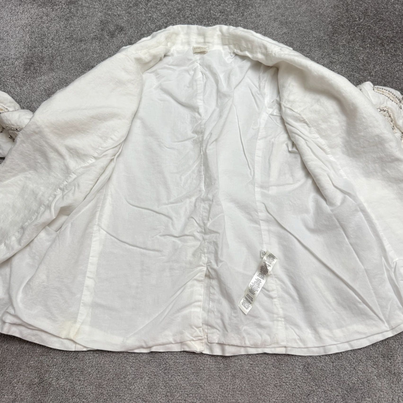 Vintage Chico's Blazer Shirt White Linen Beaded Embroidered Sequin Jacket Women 16 Size XXL / US 16-18 / IT 52-54 - 4 Thumbnail