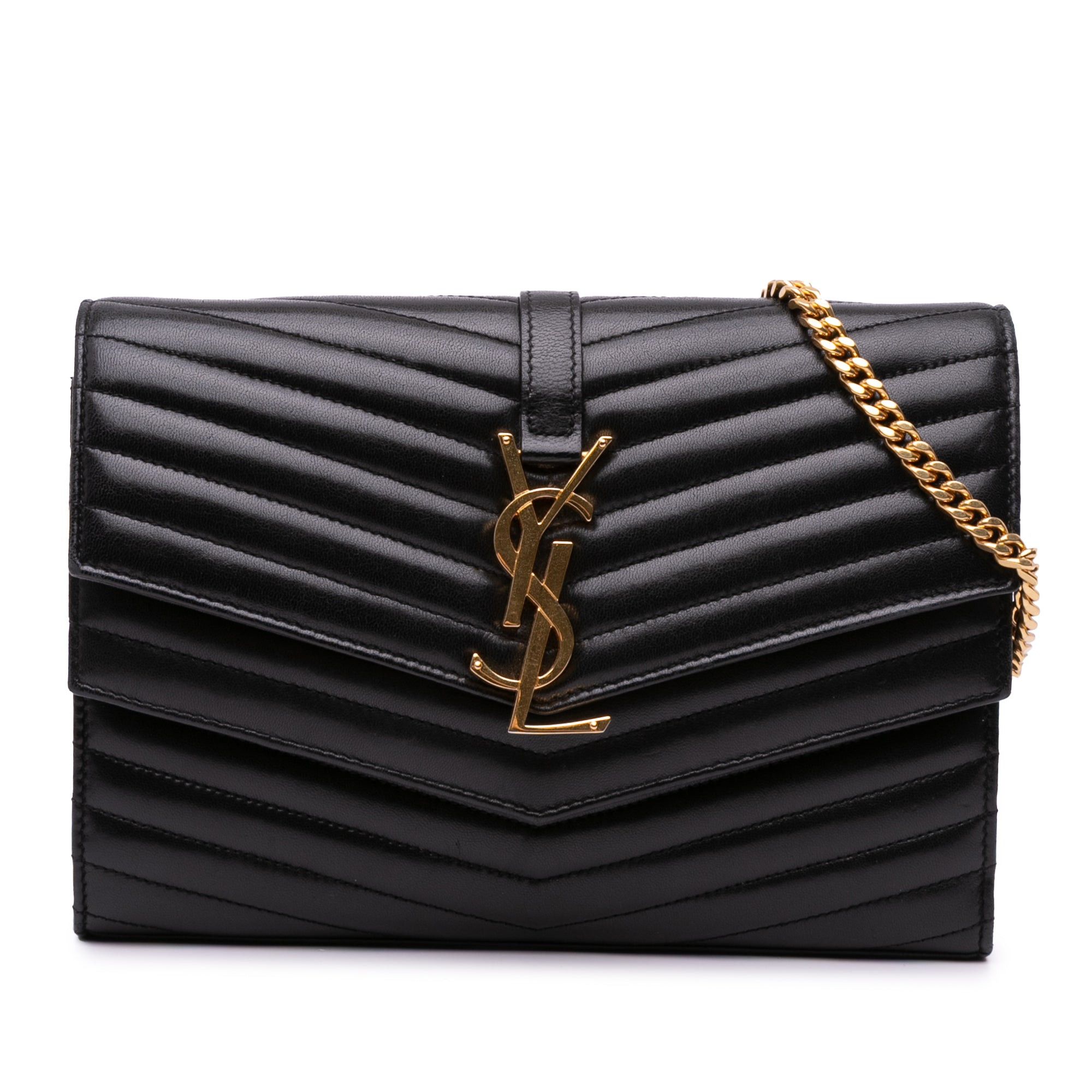 Saint Laurent Paris Saint Laurent Lambskin Chevron Monogram Sulpice Chain Wallet Black Size ONE SIZE - 1 Thumbnail