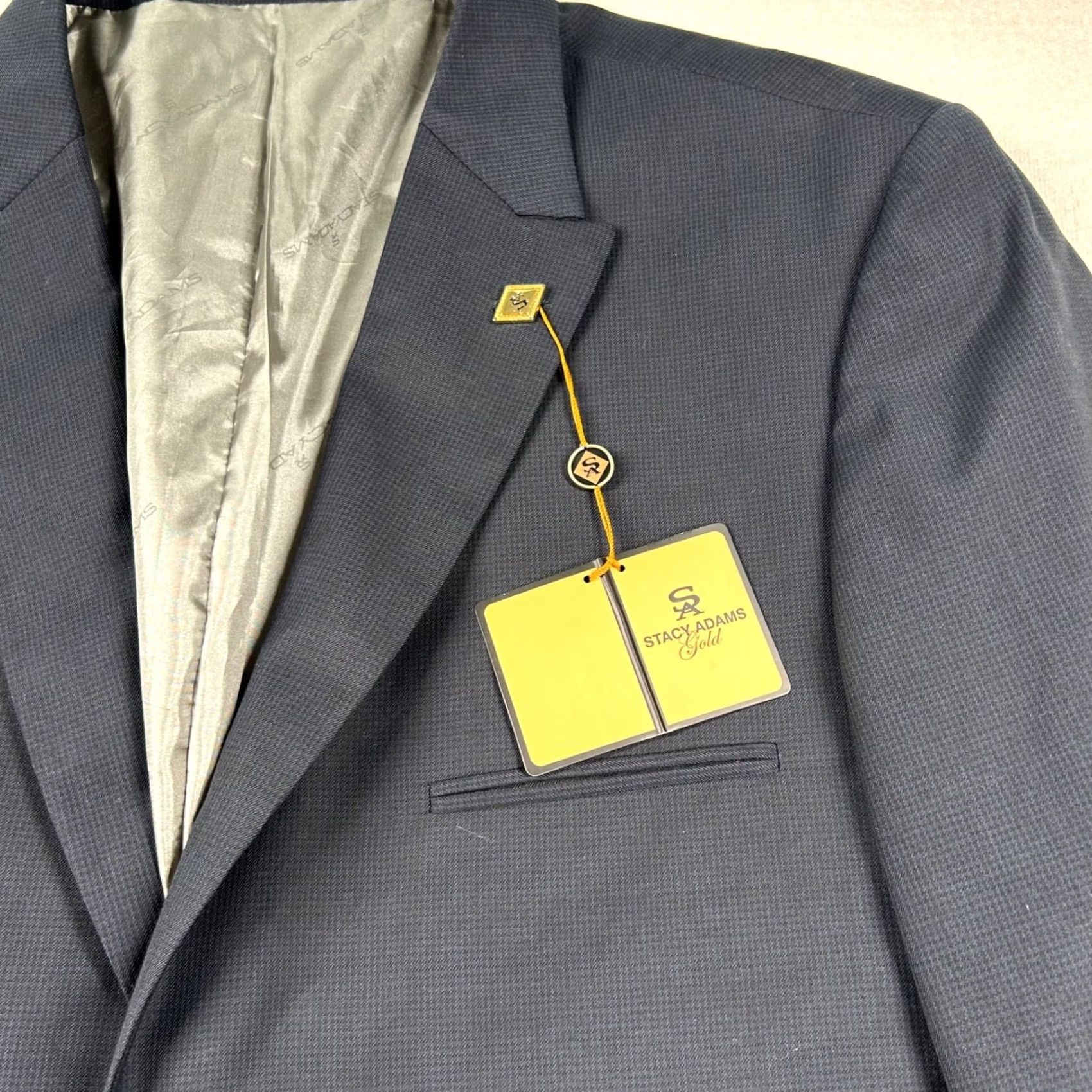 Vintage Stacy Adams Blazer Mens 48R Navy Blue Micro Houndstooth Sports Coat Gold Size 48R - 3 Thumbnail
