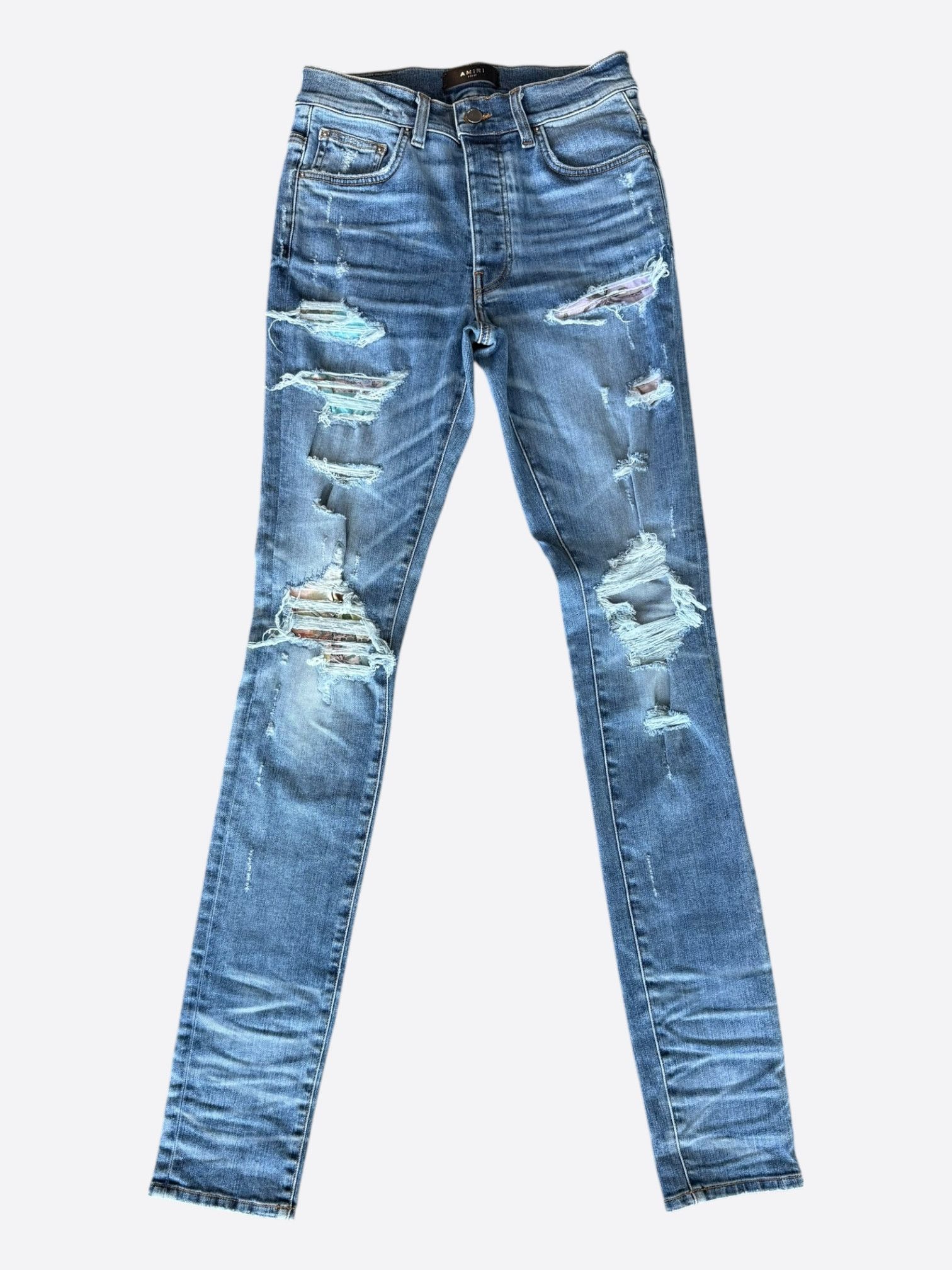 Amiri Clay Indigo Rainbow Bandana Patch Distressed Jeans