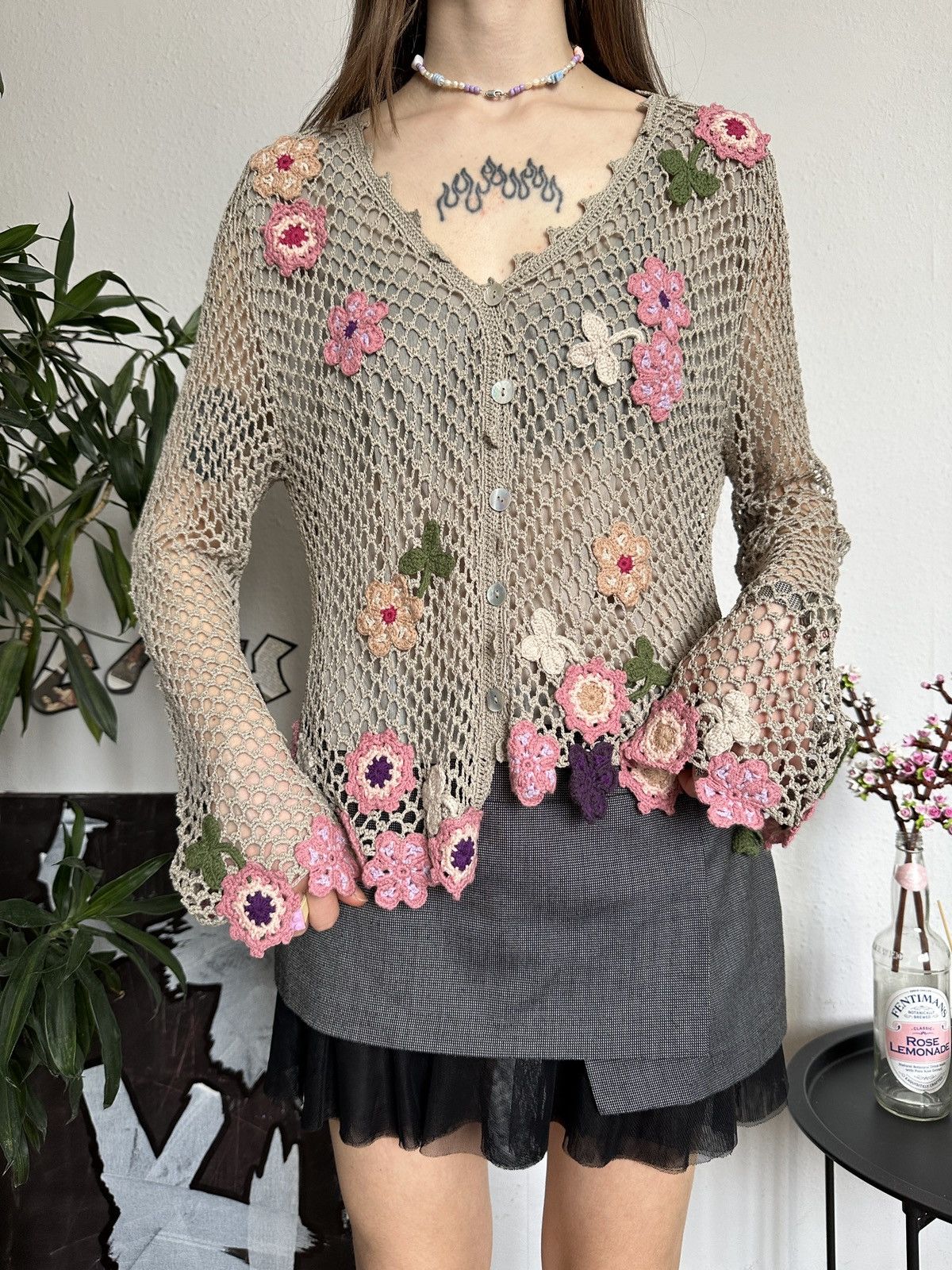 Japanese Brand × Seditionaries × Vintage Floral Knit Crochet Net Cardigan Flower Hippie Pattern Size XL / US 12-14 / IT 48-50 - 3 Thumbnail