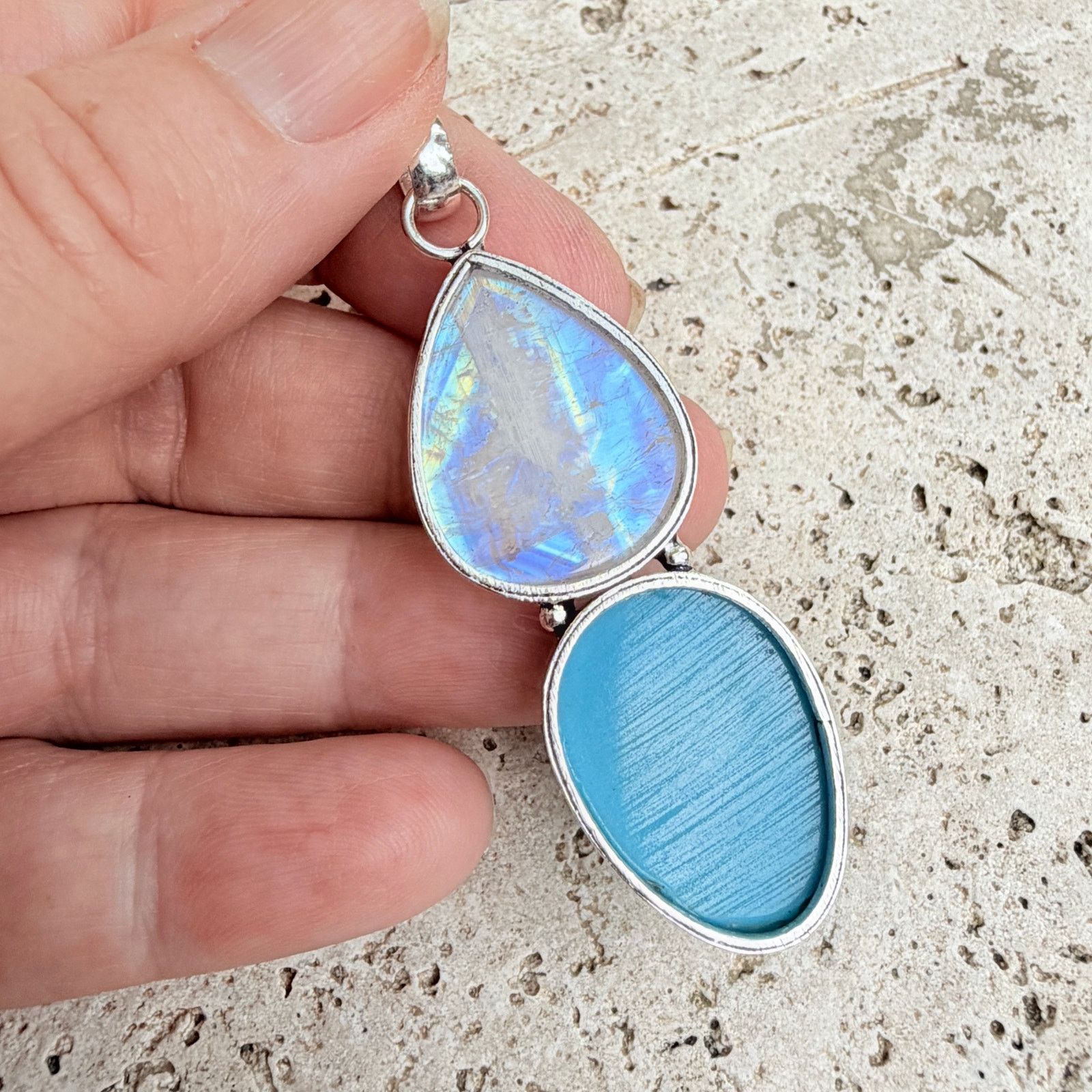 The Unbranded Brand Rainbow Moonstone Moon Face Blue Agate Pendant 925 Overlay Size ONE SIZE - 5 Thumbnail
