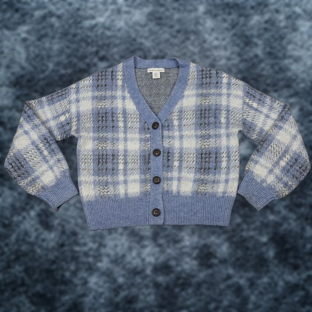 Vintage Cupcakes And Cashmere Sweater Womens XSmall Blue Plaid Cardigan V-Neck Knit Wool Blend Size XS / US 0-2 / IT 36-38 - 1 Thumbnail