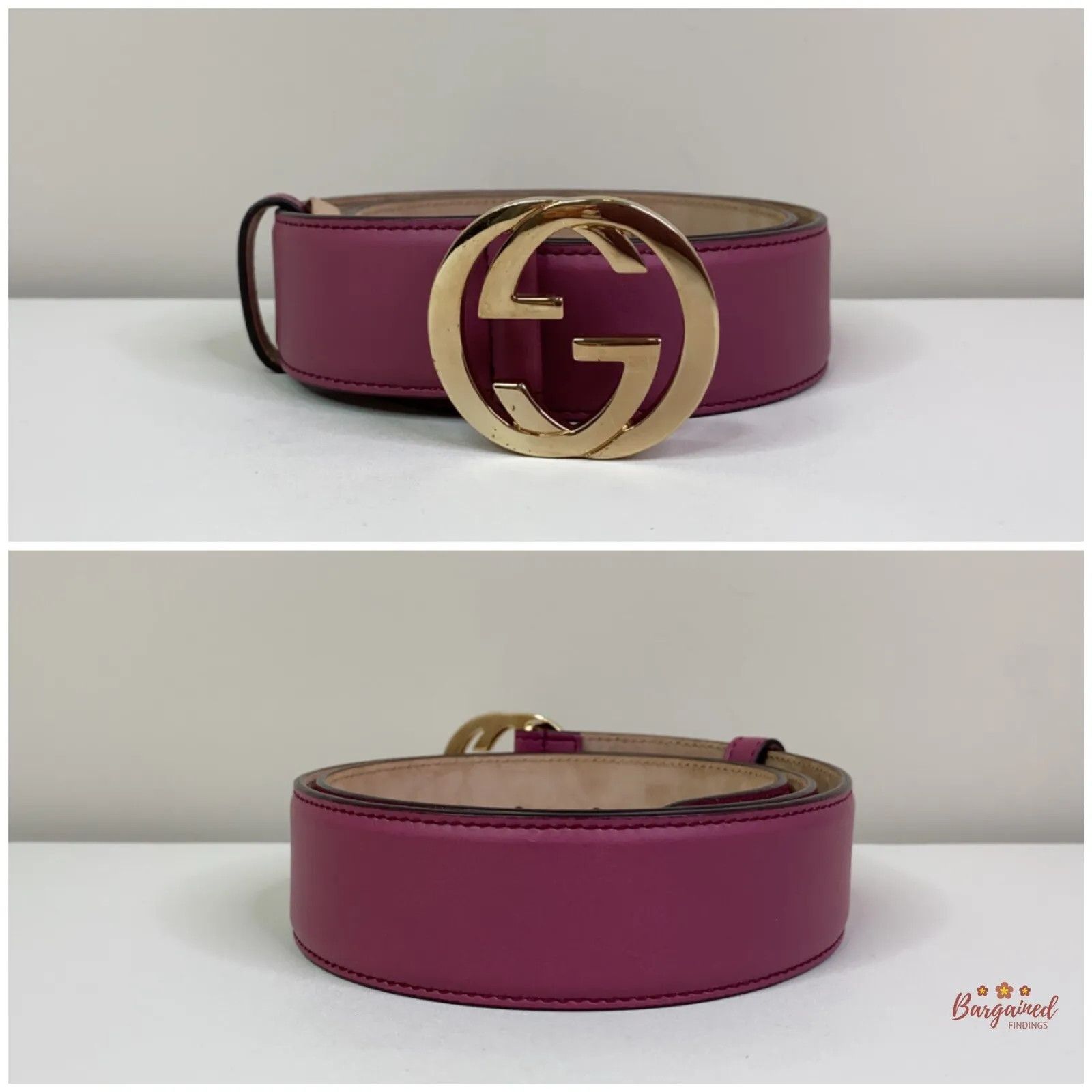 Gucci Gucci Pink Calfskin Leather Gold Interlocking G Buckle Belt Size 30 - 1 Thumbnail