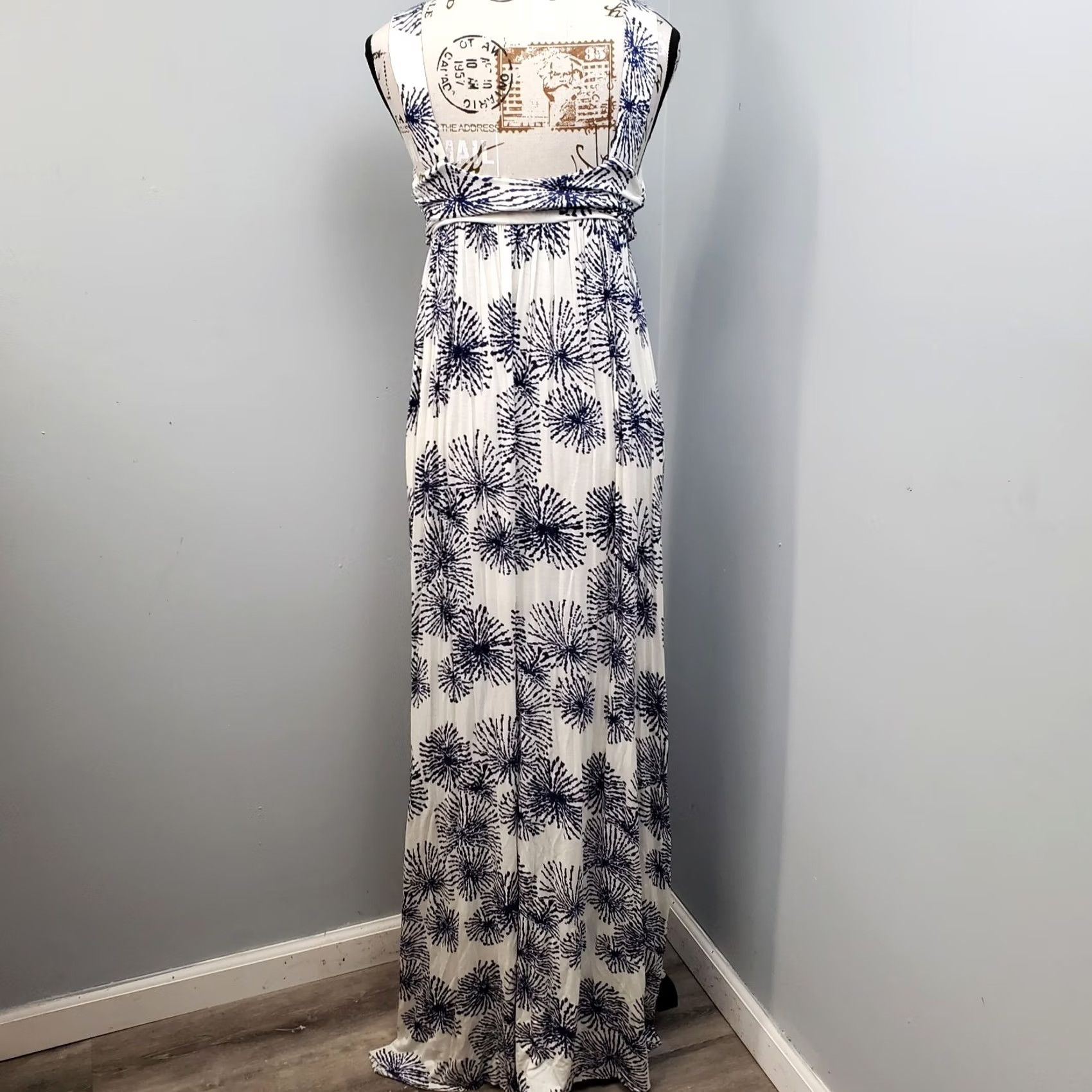 Vintage Pally Maxi Dress Womens Size S Blue White Printed Sleeveless Deep V-Neck Backless Size S / US 4 / IT 40 - 2 Thumbnail