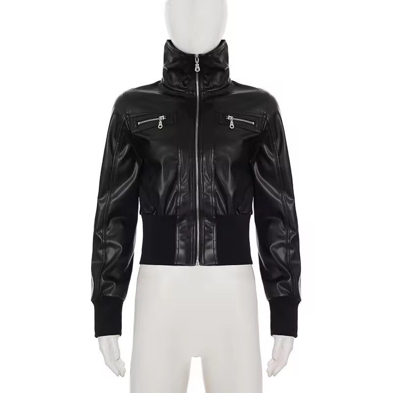Japanese Brand Y2K Black PU Leather Bomber Jacket - Cropped Tight Fit Size M / US 6-8 / IT 42-44 - 5 Thumbnail