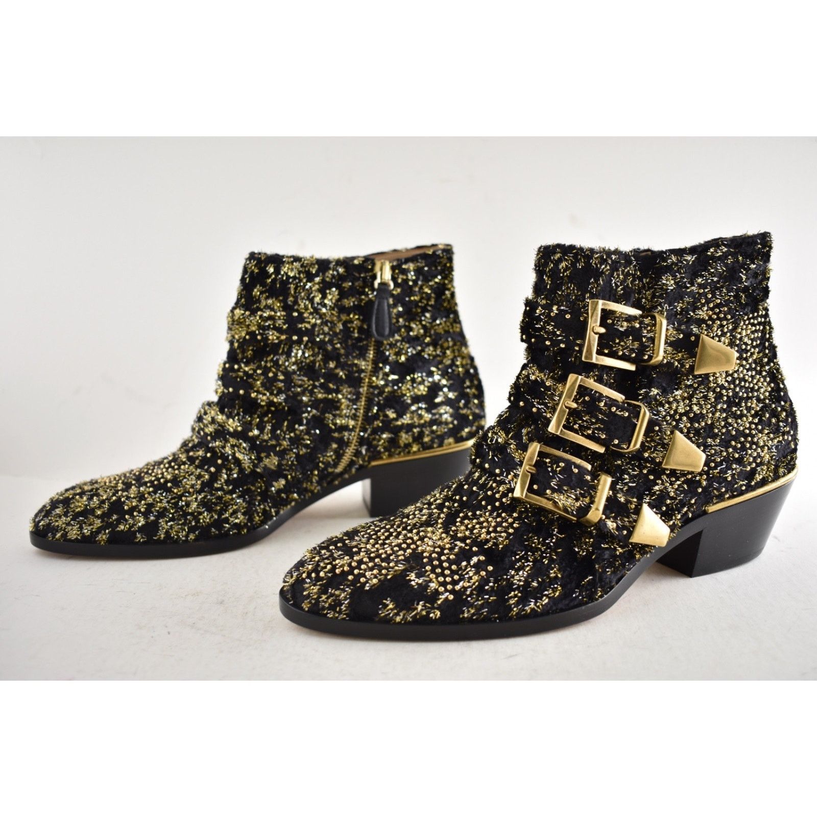 Chloe Chloe Suzanna Black Gold Velvet Studded Ankle Bootie 37 Size US 7 / IT 37 - 13 Thumbnail