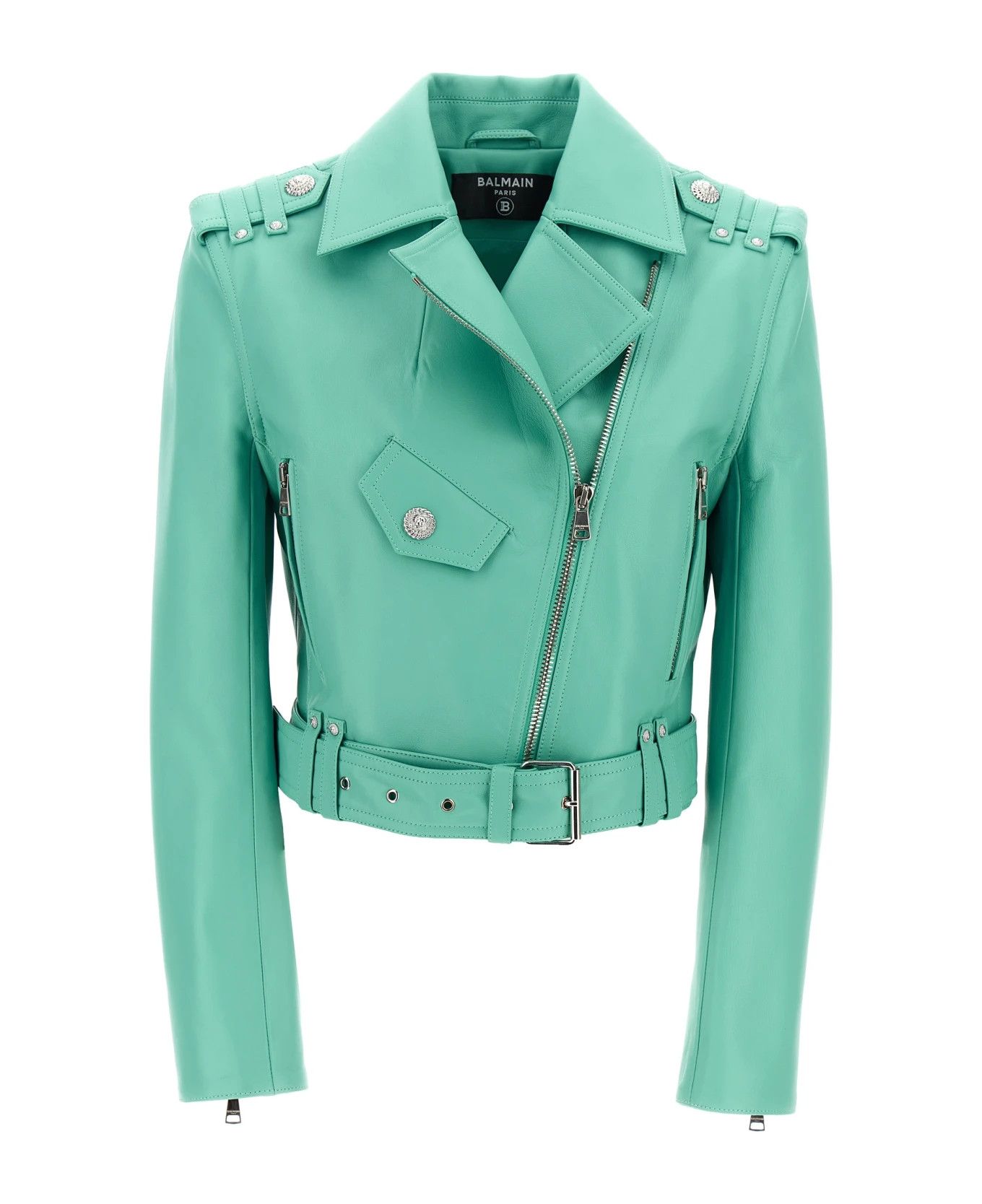 Balmain o1s1wg110825 Biker Belted Jacket in Light Blue Size XL / US 12-14 / IT 48-50 - 2 Thumbnail