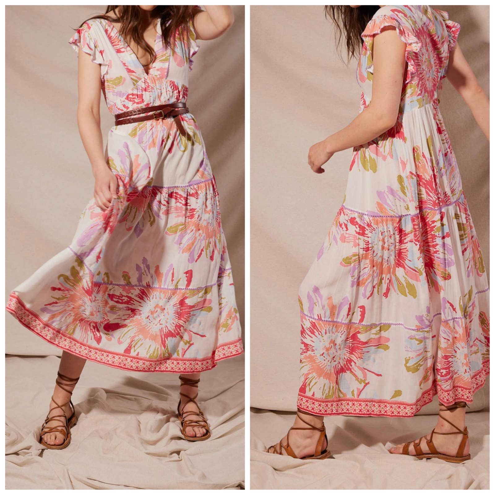 image of New Poupette St Barth Erica Long Maxi Dress Pink Margueritte in White, Women's (Size Small)