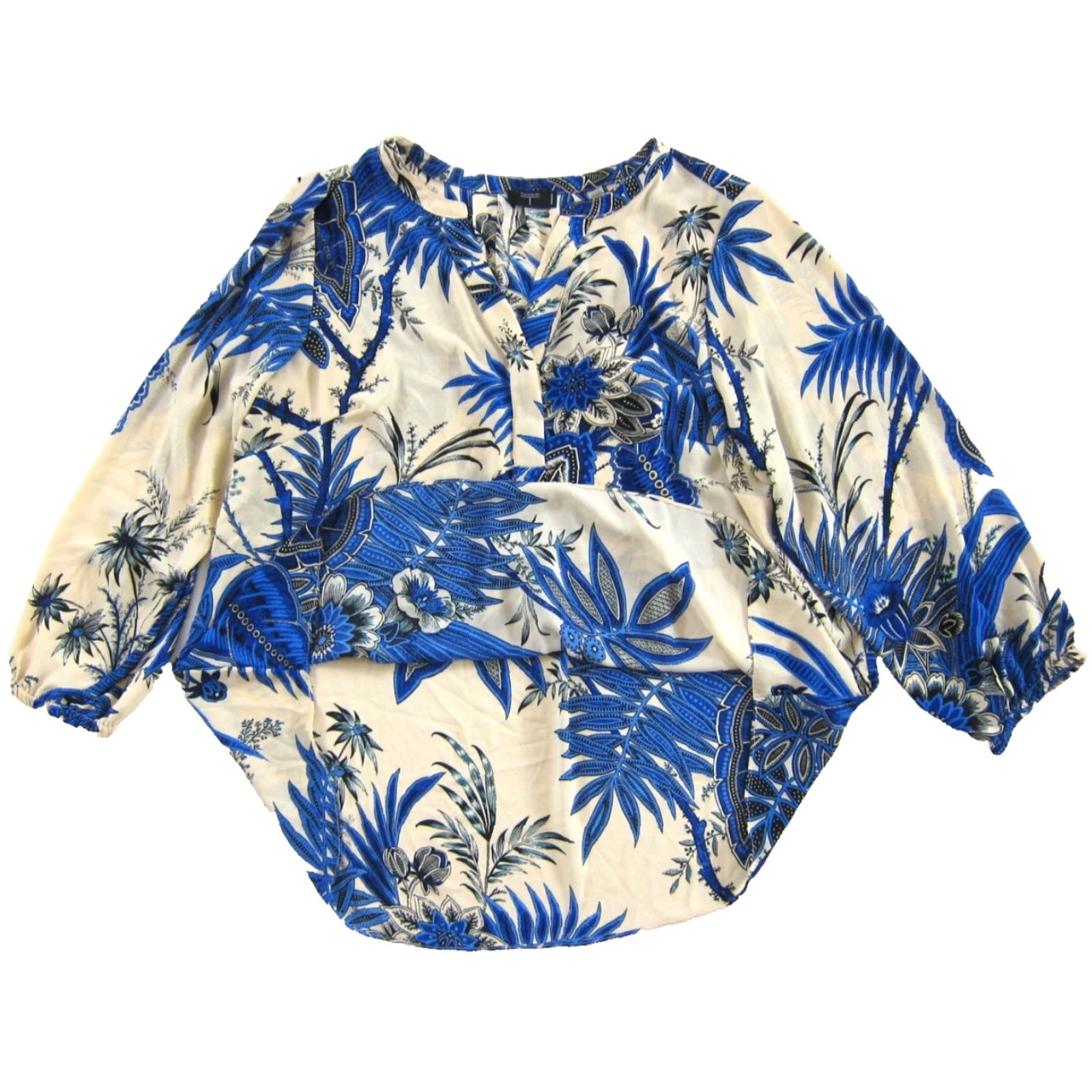 Vintage Tahari Blouse 1X Womens Floral V-Neck Long Sleeve Tunic Blue Ivory Black Size XL / US 12-14 / IT 48-50 - 5 Thumbnail