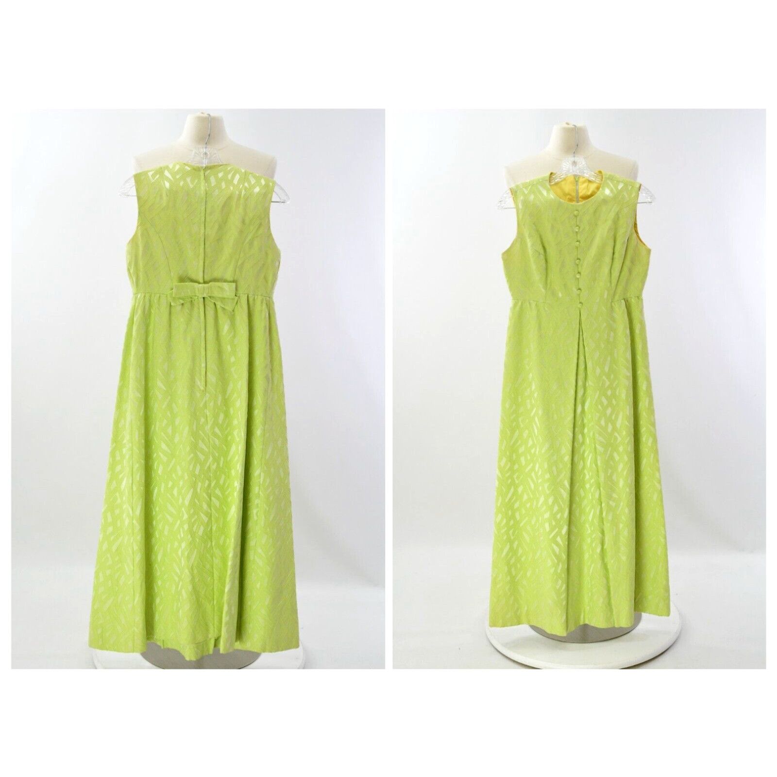 image of 60S Vintage Textured Chartreuse Green Empire Waist Maxi Dress Festival Womens S in White (Size Smal