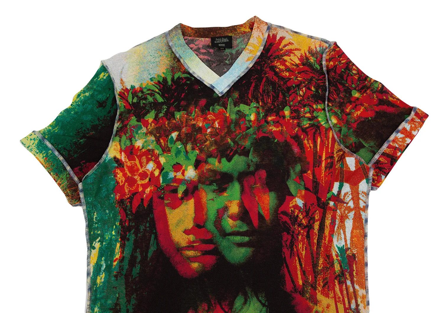 Jean Paul Gaultier Tropical Print V-Neck Power Net T-Shirt in Red Size US M / EU 48-50 / 2 - 2 Thumbnail