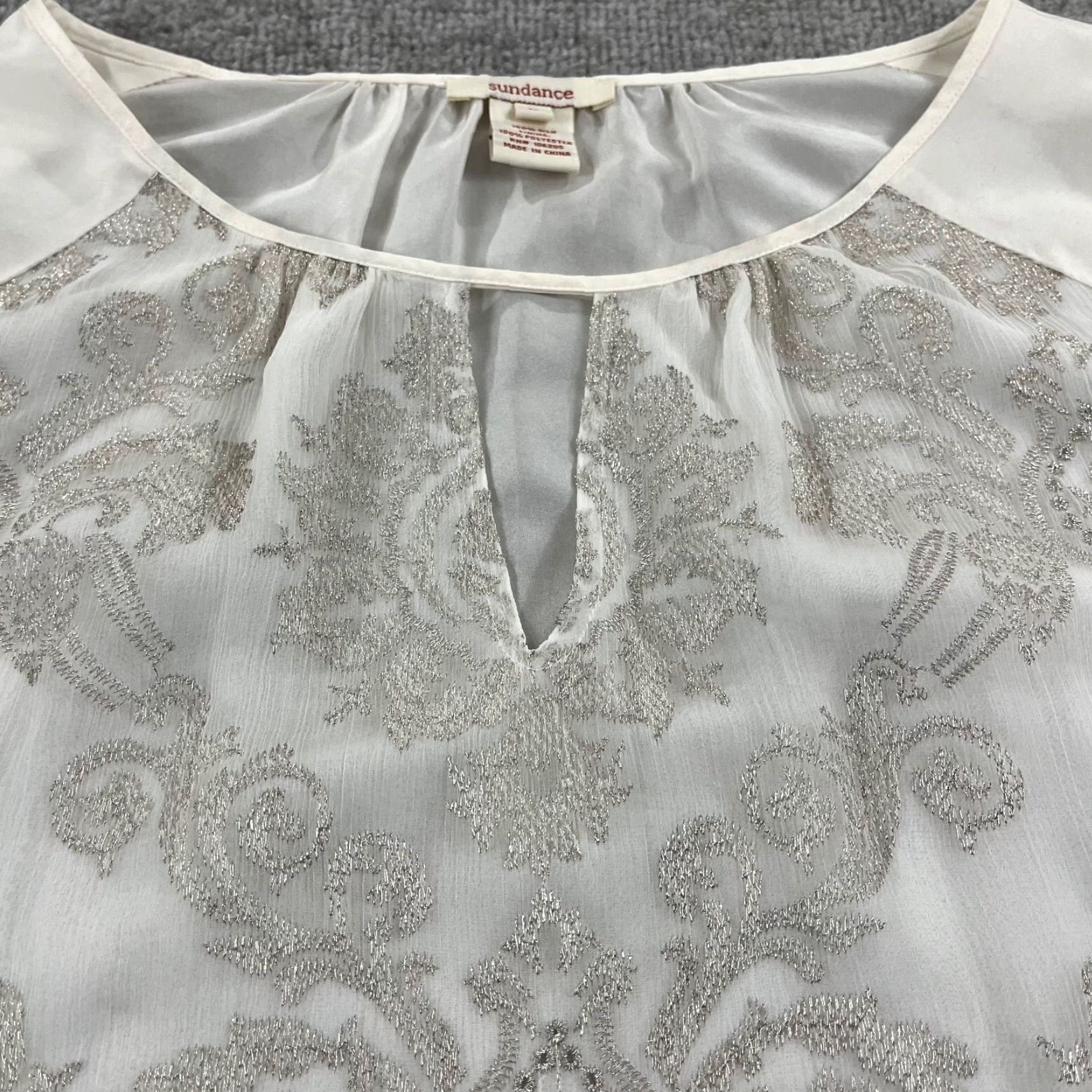 Vintage SUNDANCE Blouse Womens L White Silver Floral Embroidered Silk Sheer L/S Size L / US 10 / IT 46 - 3 Thumbnail
