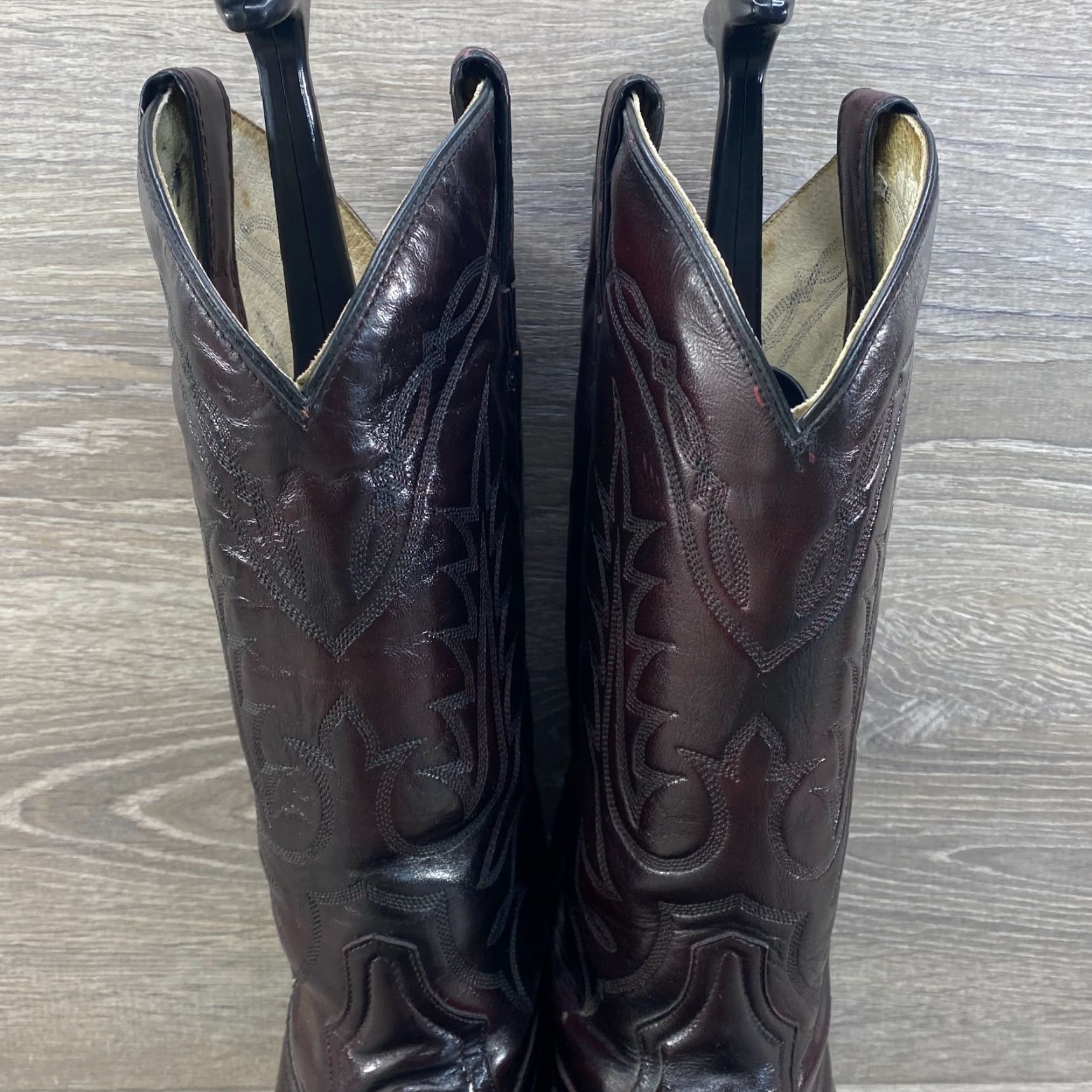 Tony Lama VINTAGE Tony Lama Mens 10.5 Black Cherry Burgundy Leather Cowboy Boots Western Size US 11 / EU 44 - 5 Thumbnail
