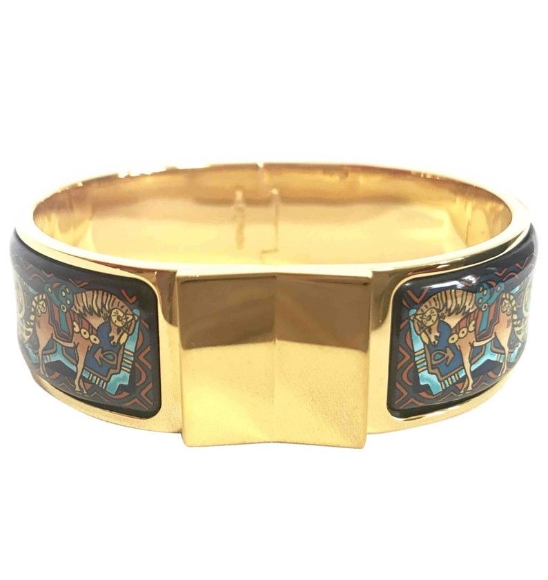 image of Hermes Vintage Cloisonne Enamel Golden Click And Clack Flacon Bangle With Multicolor Ethnic And Hor
